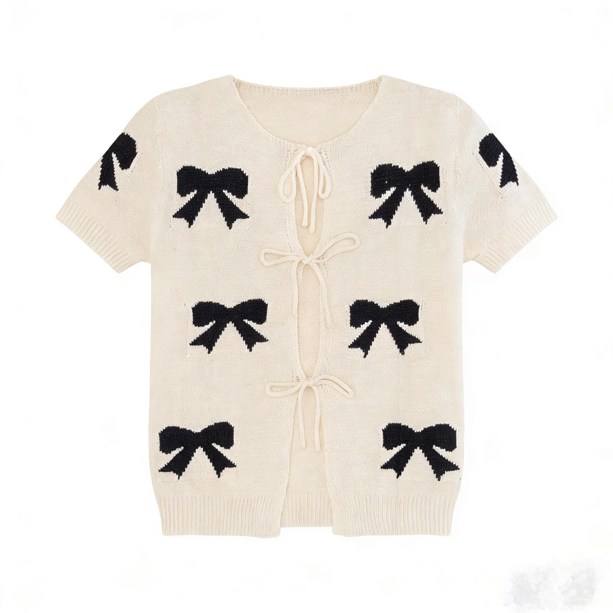 Playful Contrast Beige-black Bow Jacquard Design Tie-front Open Knitwear Cardigan, Casual Soft Neutral Short Sleeve Knits Sweater, 2026 Summer Coastal Vacation Cool Girl Fashion Sexy Tie Top, Coquette Aesthetic Fashion Style, Y2K Retro Vintage Style