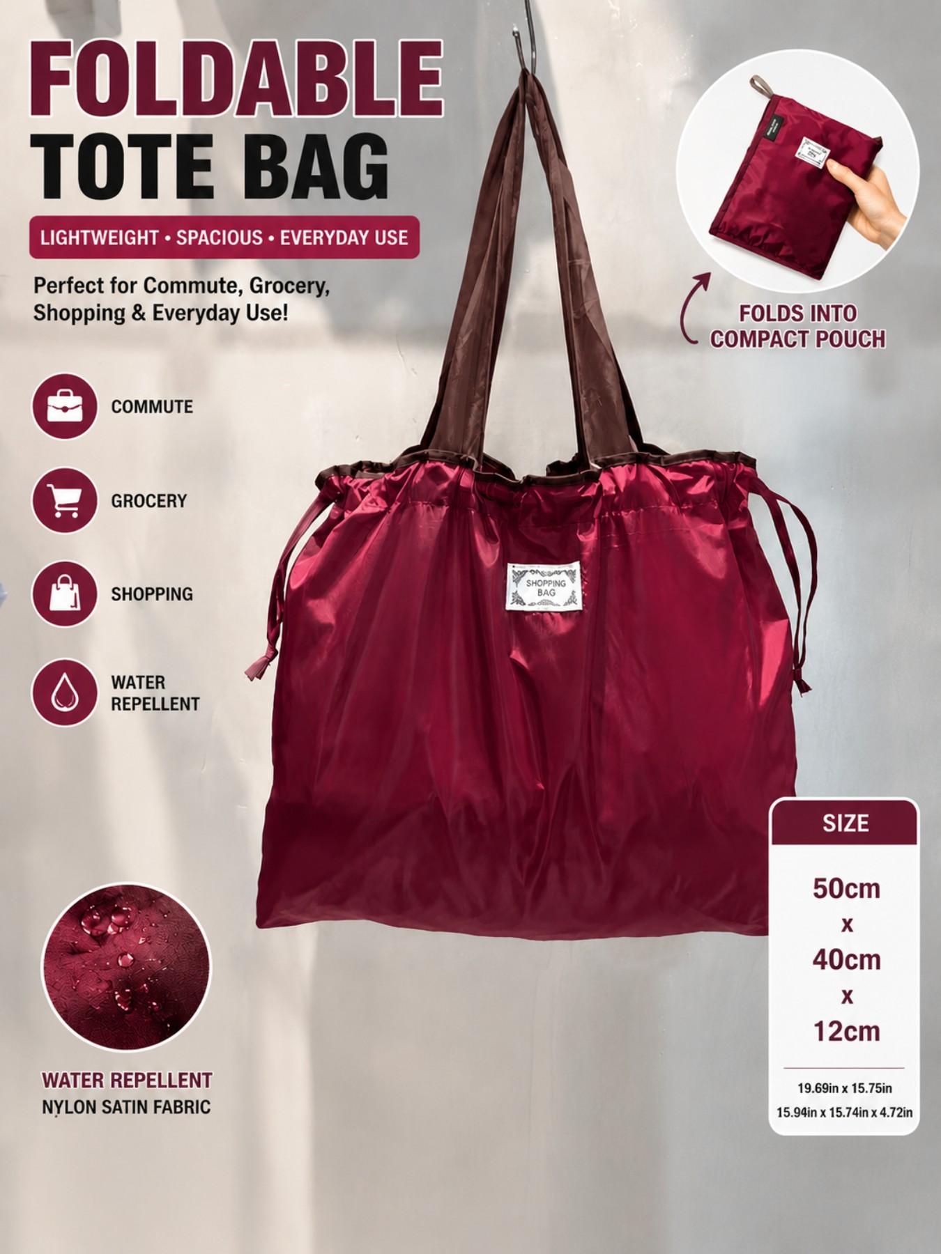 Foldable Drawstring Shopping Bag, Waterproof Nylon, Large Capacity, Casual Style, Reusable, Multi-Color, Ideal for Travel and Daily Use, Reusable Shopping Bags