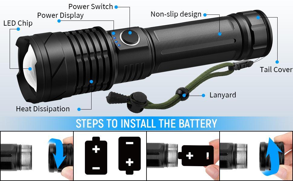 Rechargeable LED Flashlights High Lumens, 90, 000 Lumens Super Bright Flashlights with 5 Modes, Waterproof Powerful Flash Light Multifunctional Flashlights for Home Camping Hiking(2Pack)