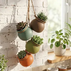DIY 4 Tier Hanging Planters for Indoor Plants, Bohemian Hanging Pot with Artificial Succulents, Wall Mounted Plant Holder for Home Decoration, Hanging Flower Pots