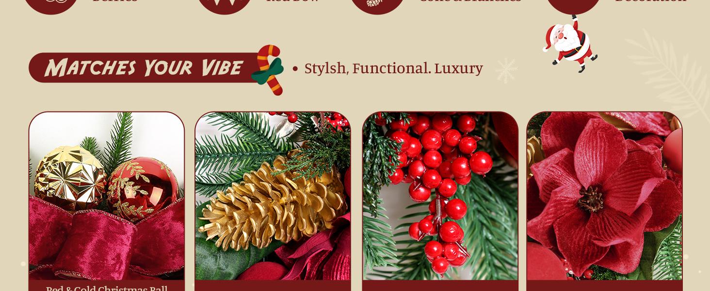 2025 Magnolia Christmas Wreath – Holiday Door Decoration with Silk Bows, Pinecones, Balls, Red Berries & Magnolia, Outdoor & Front Door Decor