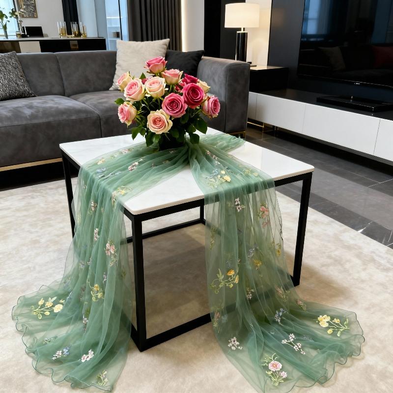 Green Lace Table Runner with Butterfly Floral Embroidery French Retro Ruffled Sheer Fabric Table Flag for Wedding Party, Garden Tea Party, Home Decor, Event Versatility, Multi-use for Table, Chair, Arch, Window