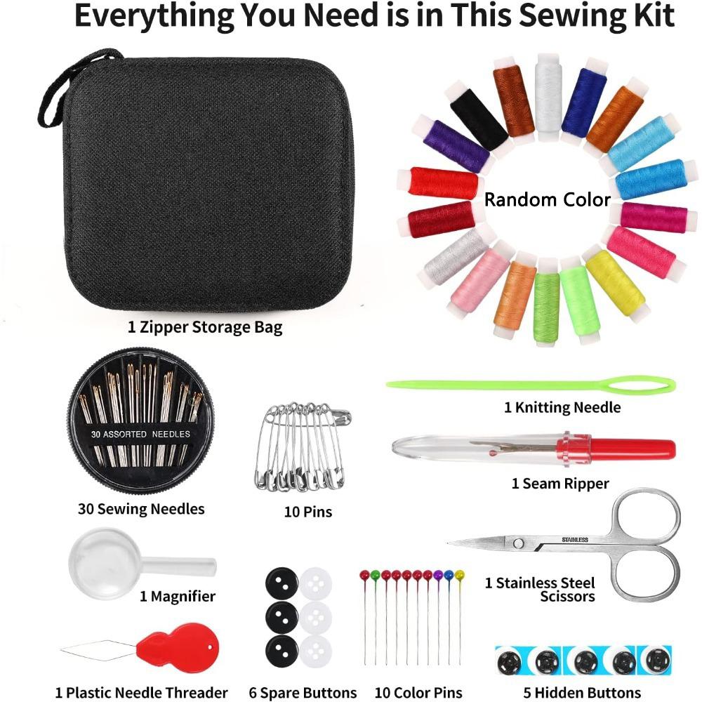 Basic Sewing Kit with Needles & Threads, Essential Sewing Supplies for Beginners, Home Use, Travel, Emergency Kits Include Scissors & Measure Tape