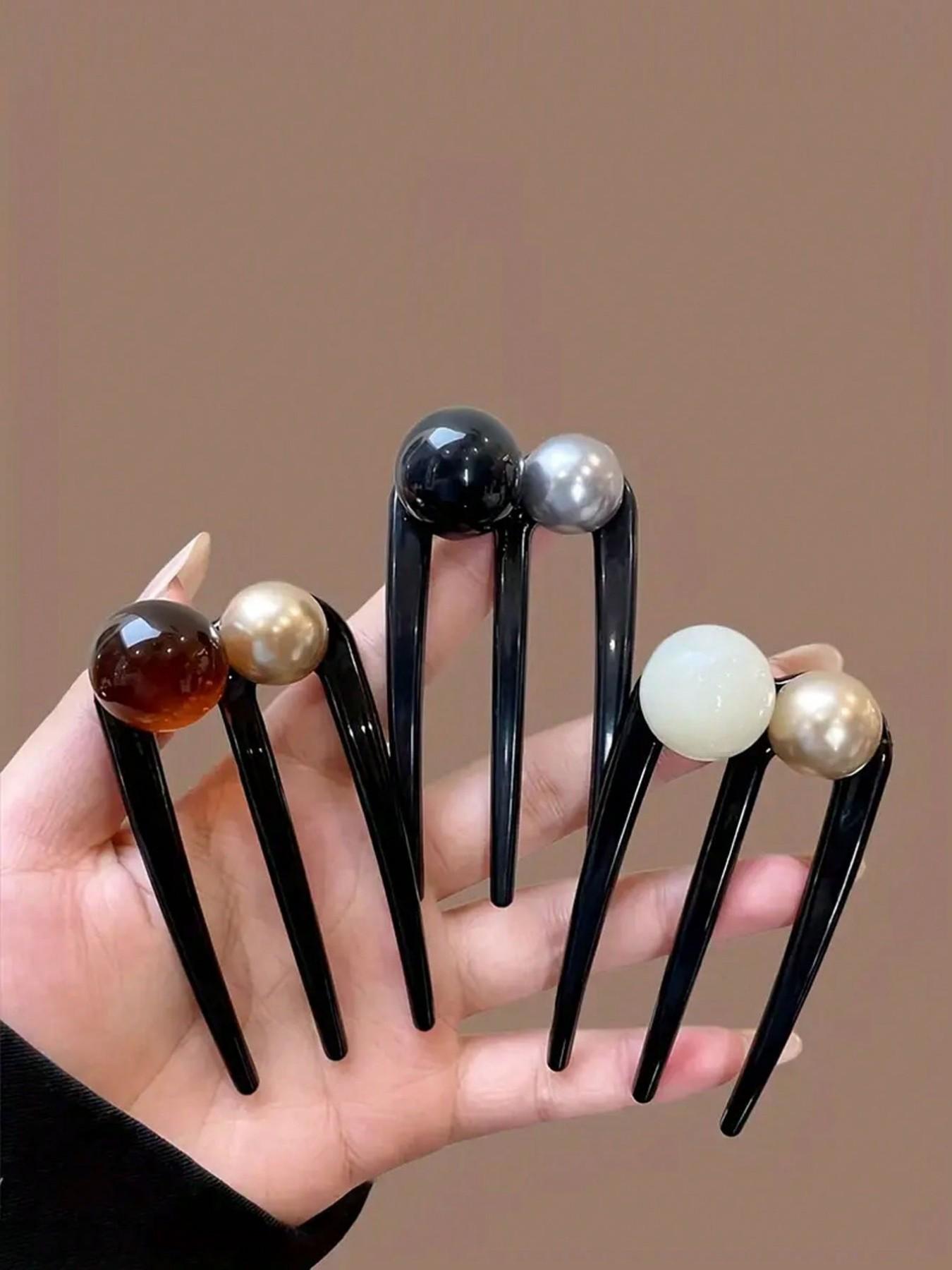 Elegant Three-Tooth Bead U-Shaped Hairpin，Bun Updo Hairpin， Vintage Hair Clips - Black & White with Green Synthetic Gemstonestone Accents, Versatile for Casual & Formal Occasions, All-Season girls Hair Accessories, Hair Accessories, Classic Hairpins,