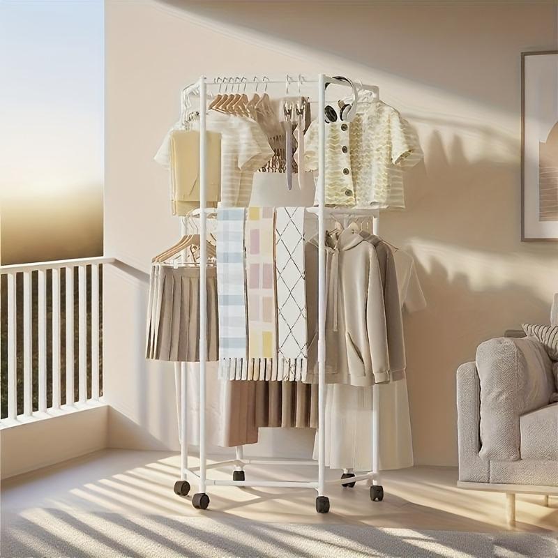 New hexagonal drying rack | Floor-to-ceiling double-layer roller design for laundry, bedrooms, dormitories and balconies | Elegant metal frame, freestanding, plastic