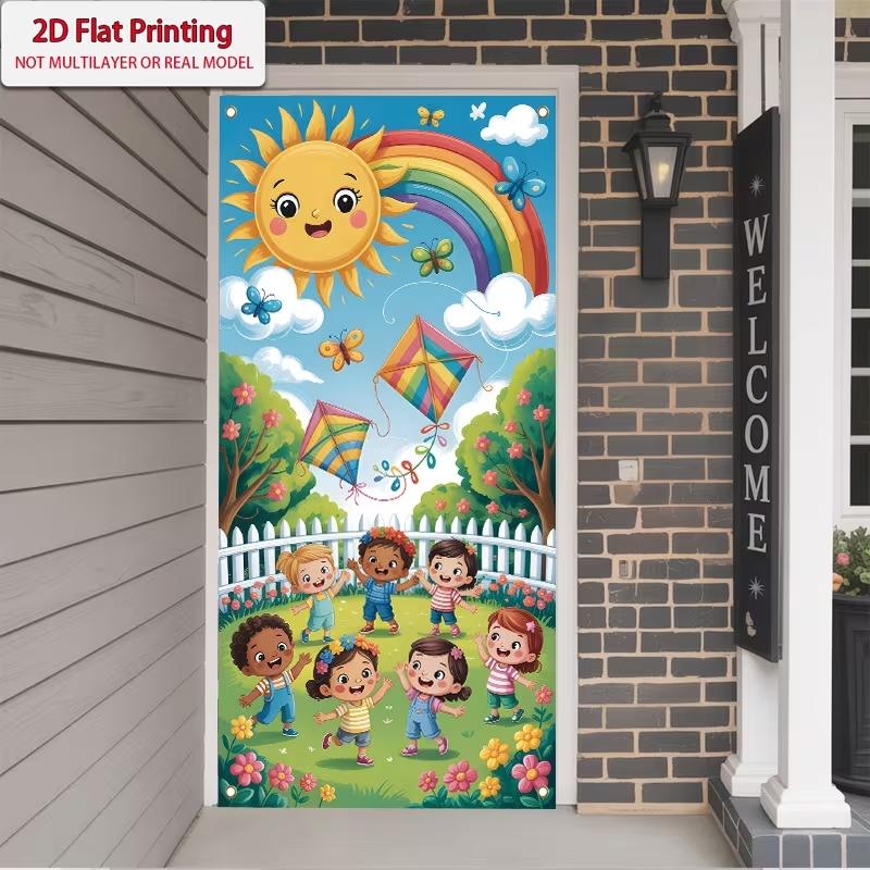 2D Flat Happy Kids Spring Summer Door Banner, Cartoon Sun Rainbow Kite Garden Backdrop, Kids Birthday Party Classroom Decor
