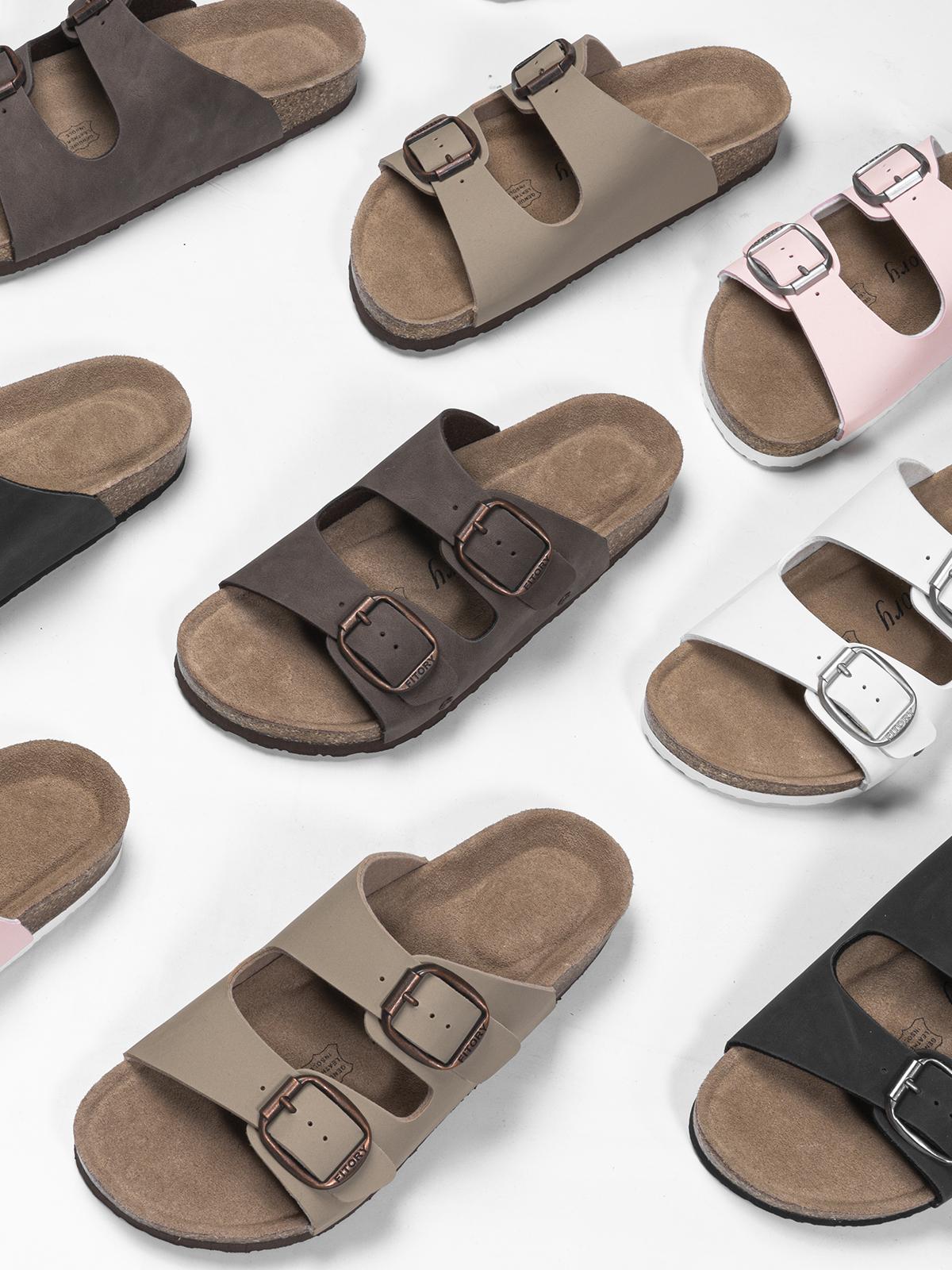 FITORY Balance I | Womens Flat Sandals with Cork Footbed, Open Toe Slides Adjustable Slip On Outdoors Slippers for Summer