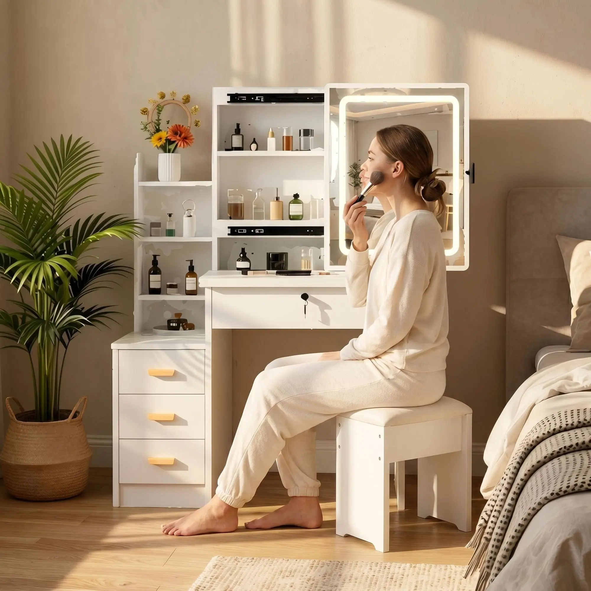 Vanity Desk with Sliding Mirror and Lights, Makeup Vanity Set with 4 Drawers, Stool, Open Shelves, 3 Color Adjustable Lighting Modes, Makeup Dressing Table for Bedroom
