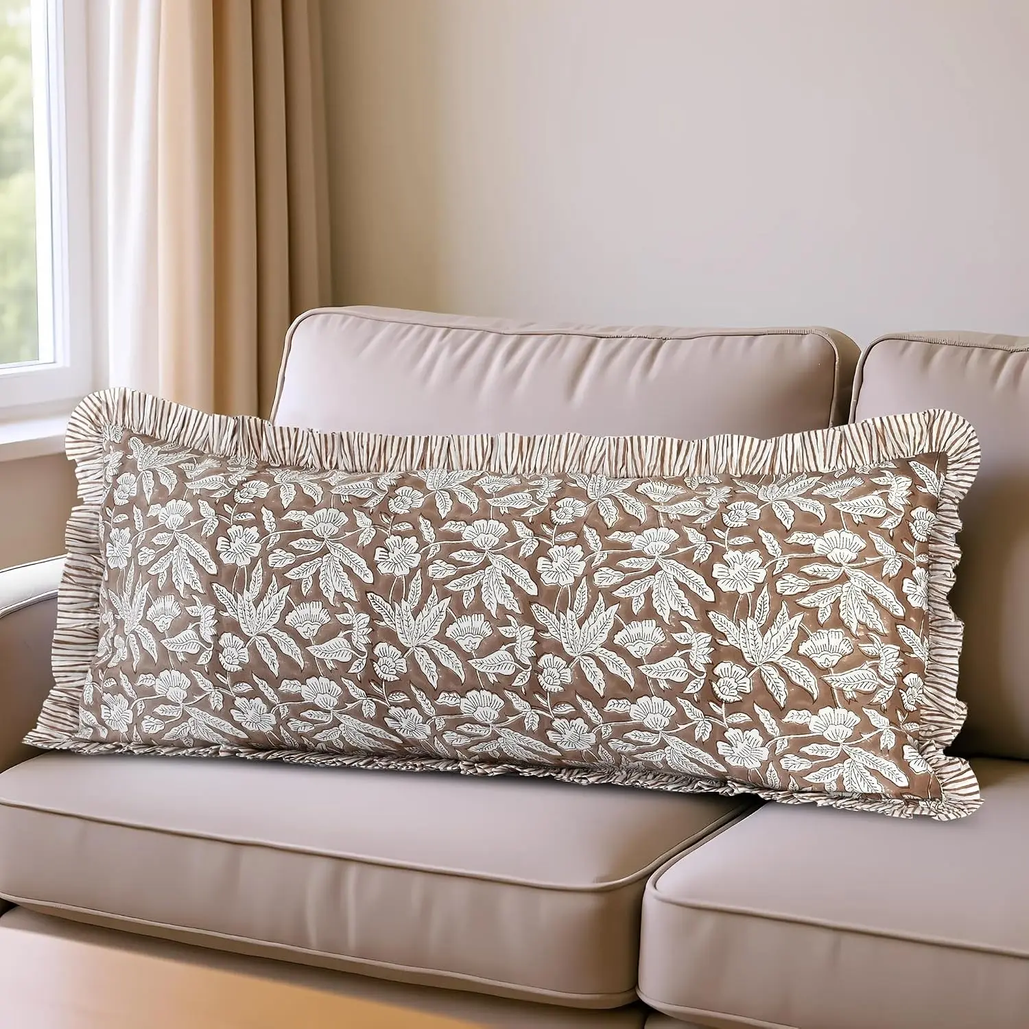 Block Print Oak Brown 36"x14" Set 1-100% Cotton Ruffle Lumbar Sham Cover Boho Floral Pillowcase, Farmhouse Cottagecore Bedding, Soft Decorative Cover Gift for Spring, Easter, Valentine