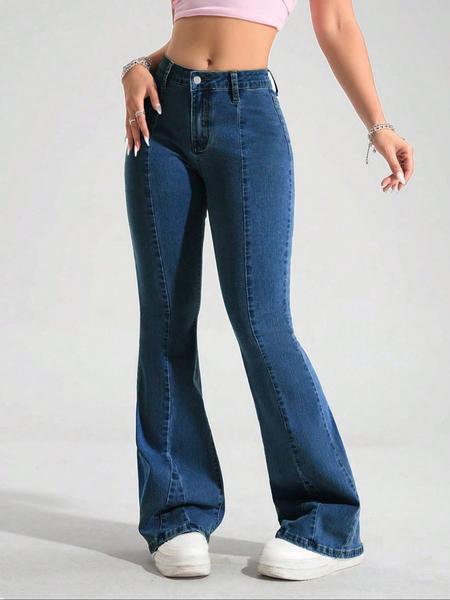Women's Blue Washed Denim Flare Pants, Fashionable Comfortable Versatile Elastic Jeans, Fitted Long Leggings for All Seasons