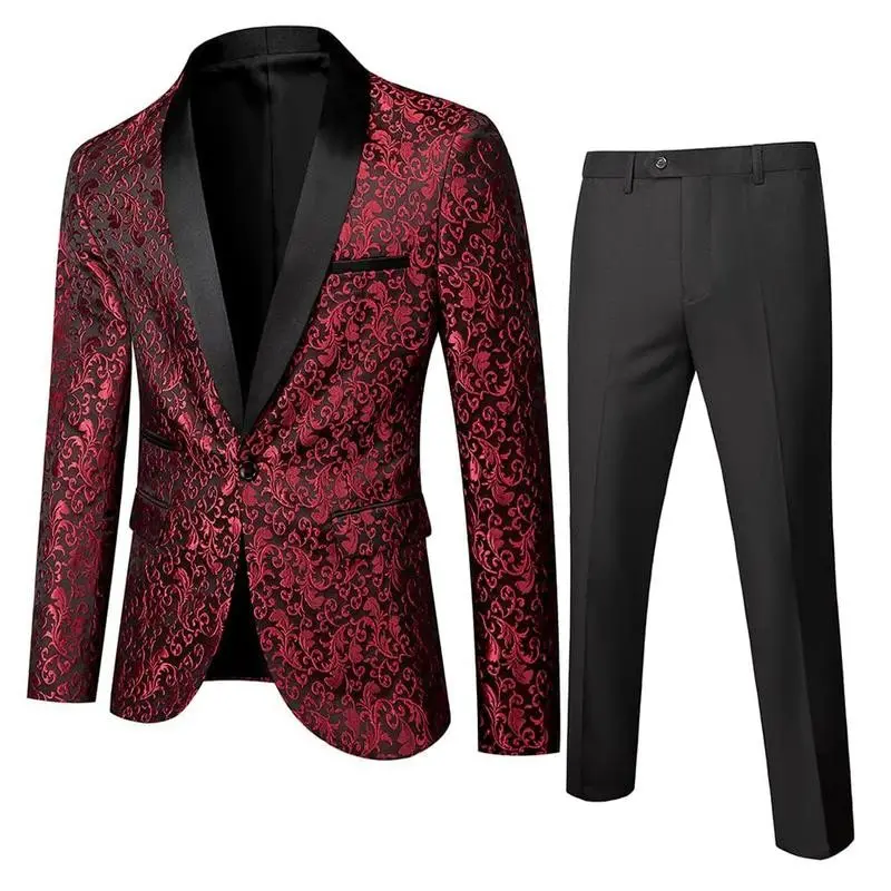 Men's Two-Piece Floral Jacquard Dress Suit Set Single Button Printed Dinner Jacket and Matching Trousers Prom Party Suits