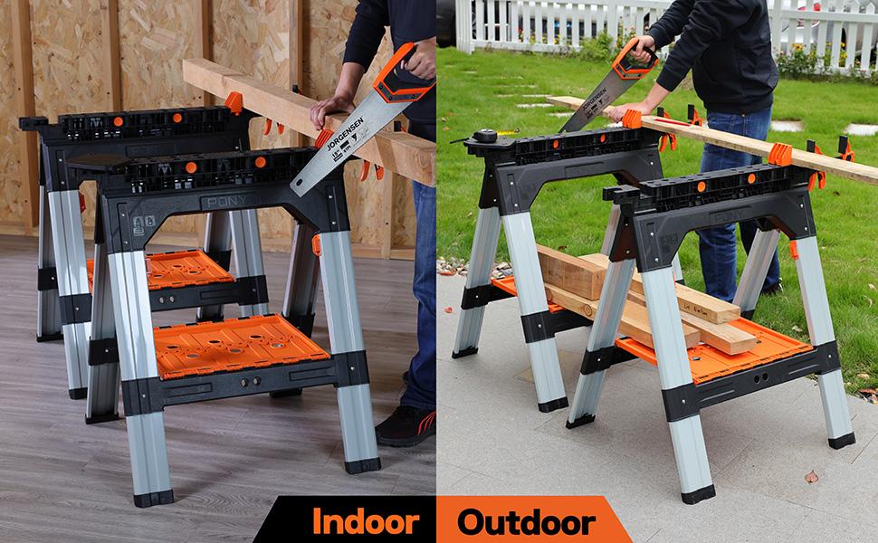 #JumpstartSale PONY 2-Pack Clamping Sawhorses, 1200 LBS Load Capacity, 30-3/4" Folding Sawhorse with 12” F Clamps, Bench Dogs, Angle Clamps, 2" Spring Clamps, Steel Legs, Heavy Duty for Woodworking