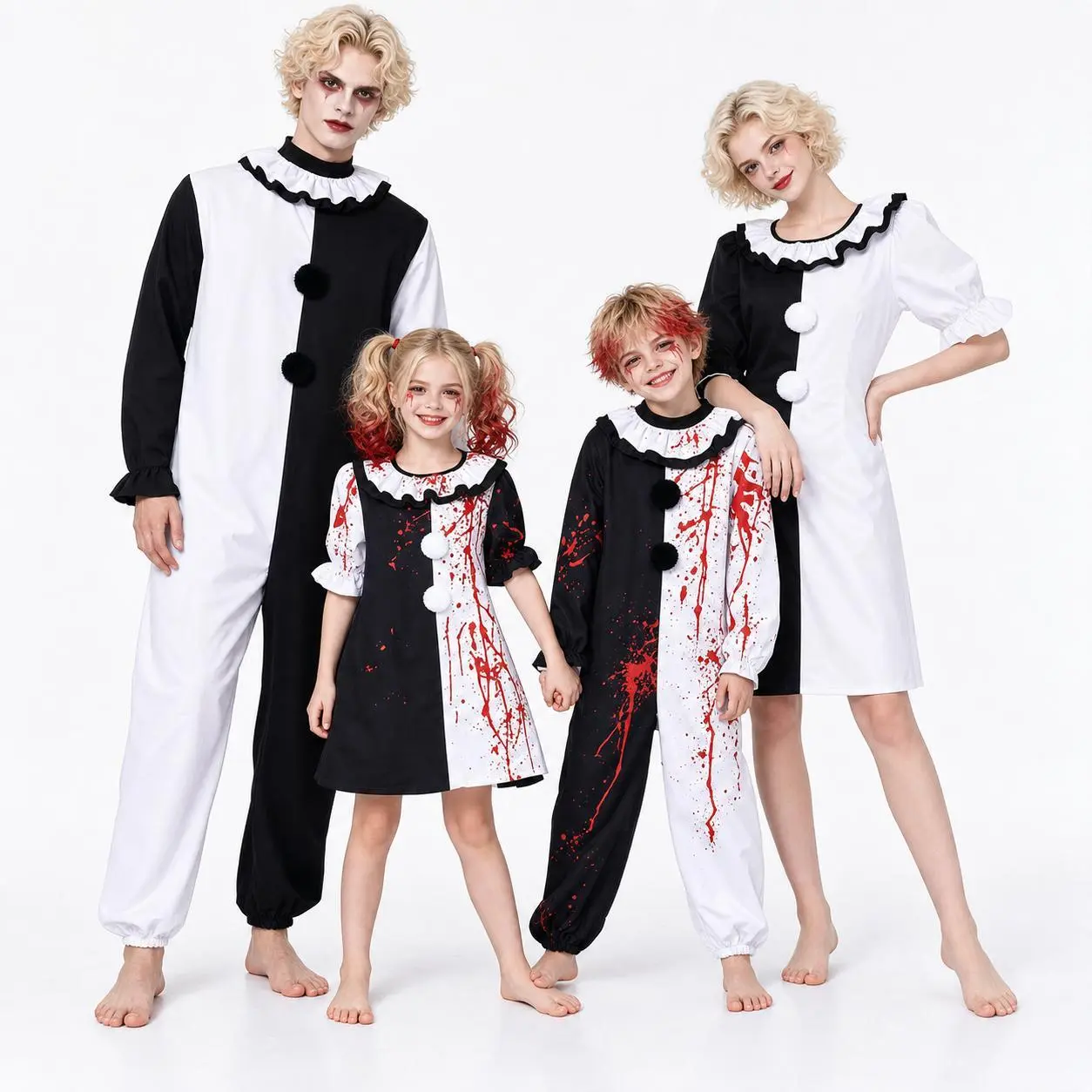 Halloween Scary Killer Clown Costume for Men Women, Kids Adults Black White Split Blood Splatter Clown Jumpsuit & Dress,Creepy Horror Clown Outfit for Couple Family Cosplay Party, Boys Girls Carnival Haunted House Fancy Dress