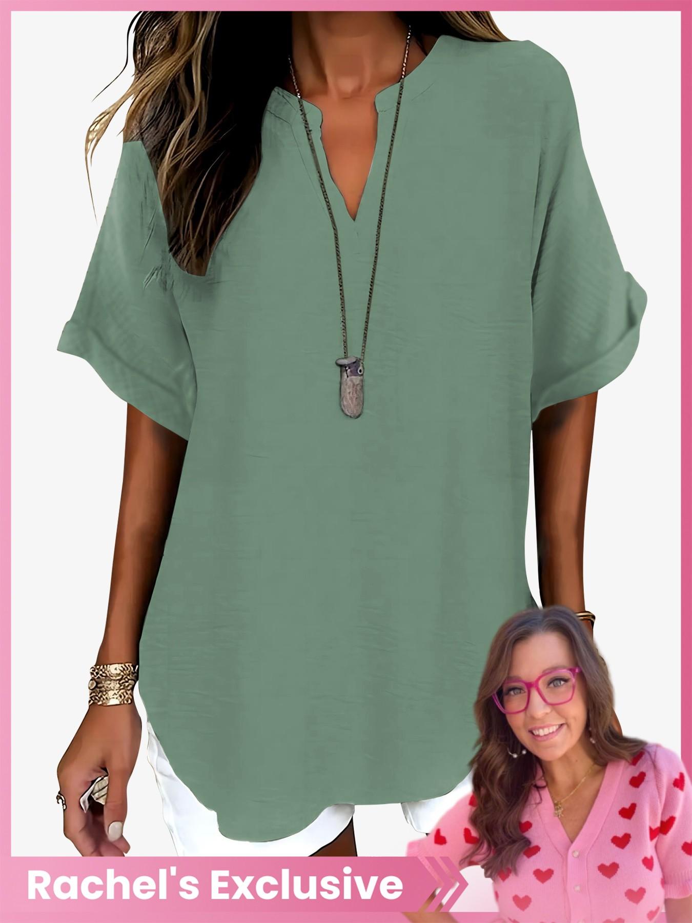 Women's Simple Solid Color Commuter V-Neck Drop Shoulder Vintage Versatile Top, Short Sleeve Fitted H-Type Blouse, Casual Fashion Shirts