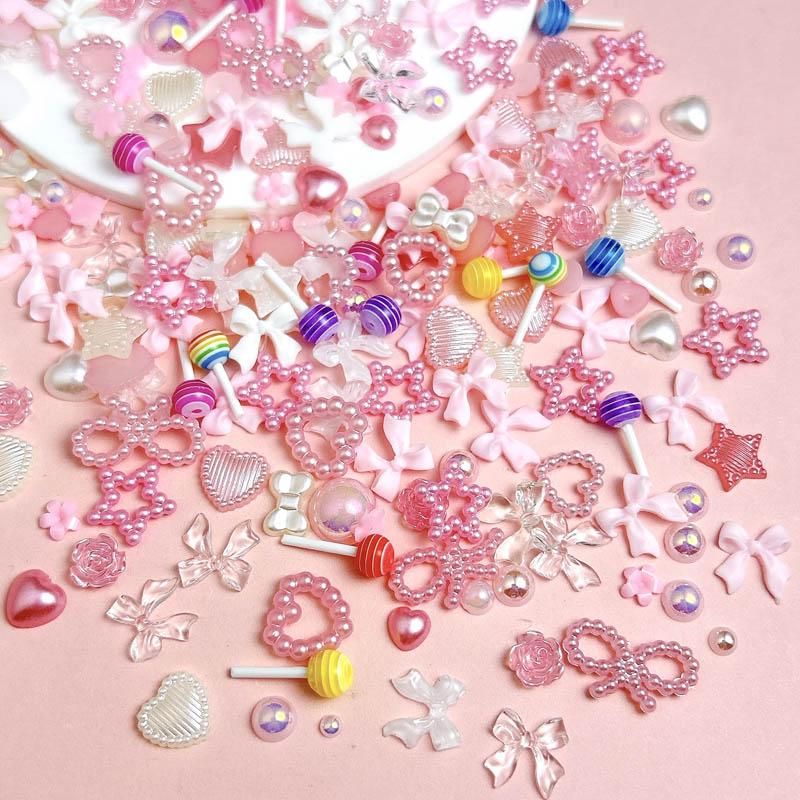 100PCS Sweet Minimalist Bow Resin Nail Charms Simulated Heart Candy Half Round Pearls Pink Decorations DIY Nail Art Supplies