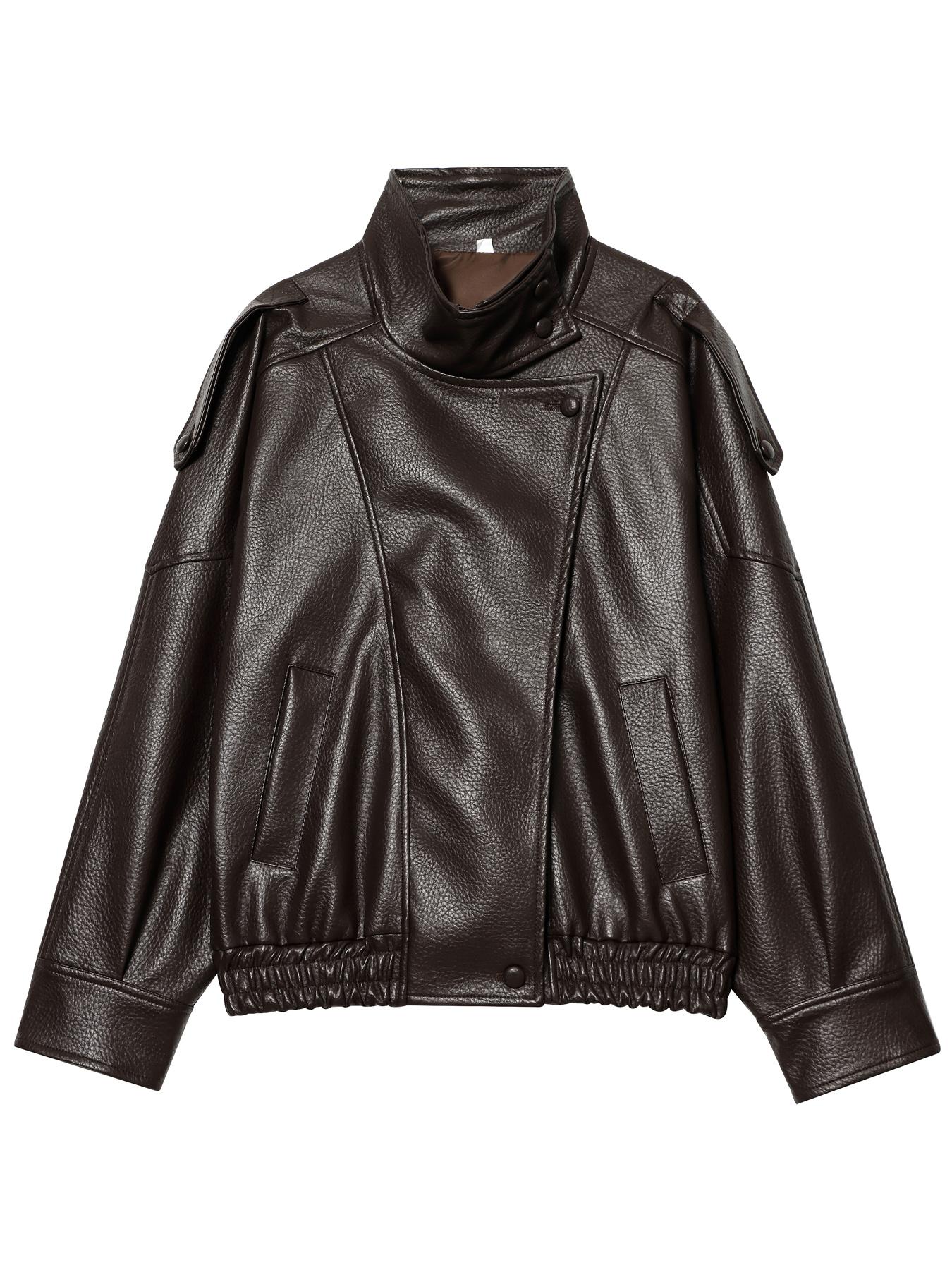 Women's Street Style Faux Leather Jackets, Coats, Casual Loose Fitting Jacket High Neck Long Sleeve Zipper Jackets for Women, Asymmetric Button & Pocket Design, 2026 Spring New Jackets, Moto-Inspired Jacket, Womenswear, Ladies Black Outerwear