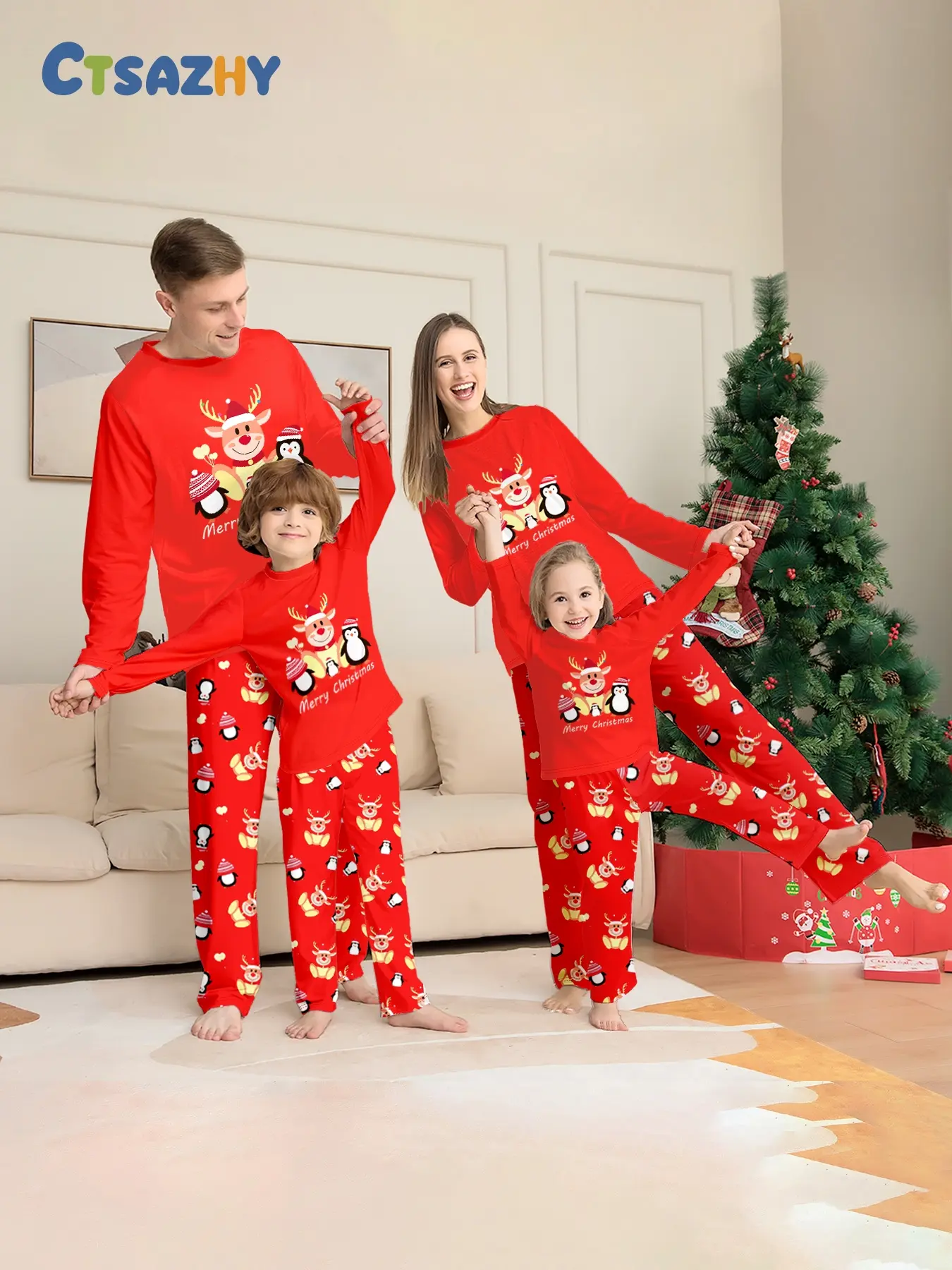 Matching Family Christmas Pajamas Set,Vibrant Red Outfit,Cartoon Rudolph Reindeer & Cute Penguin Graphic Print With X-mas Greeting,Soft Home Wear For Holiday Family Reunion,X-mas Eve Selfies,Indoor Holiday Celebrations