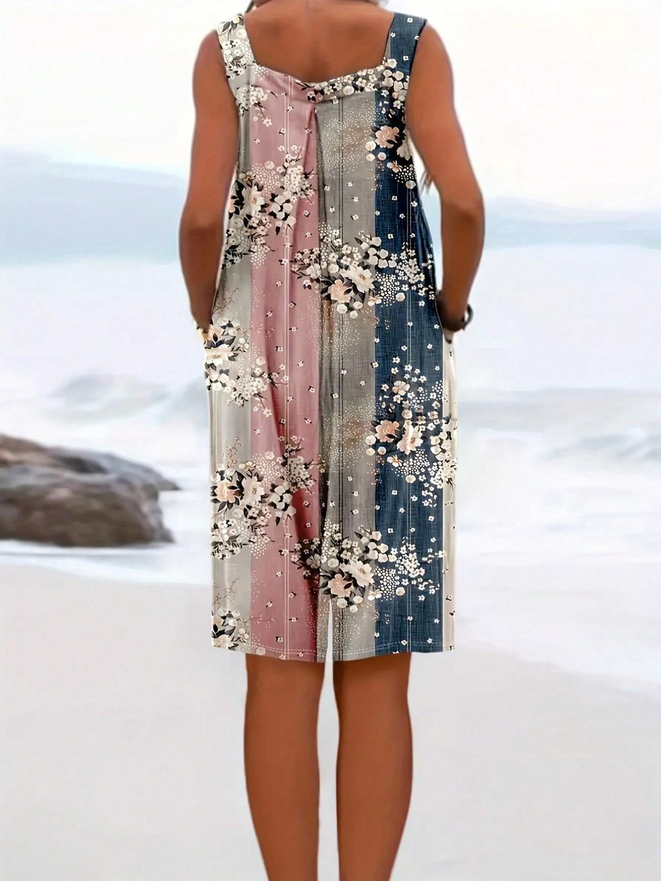 Plus Size Women's Lightweight Breathable Patchwork Floral Sleeveless Loose Fit Casual Boho Bohemian Romper Overalls, Y2K Summer Beach Daily Wear