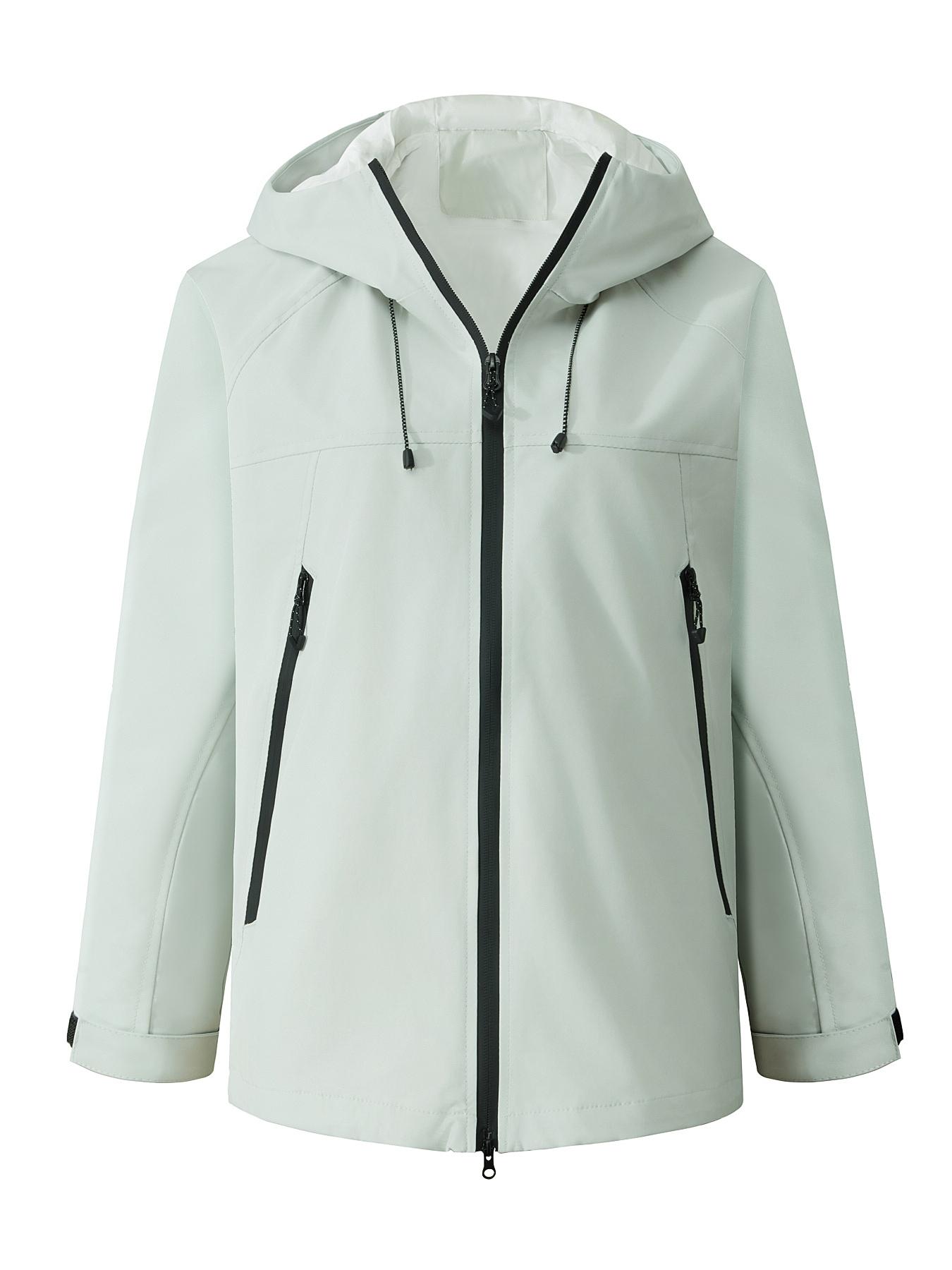 Women's Solid Zip Up Drawstring Hooded Jacket, Outdoor Lightweight Windproof Waterproof Long Sleeve Sports Jacket for Cycling Snow Skiing, Women's Sportwear for Fall & Winter, Waterproof Windproof Outerwear