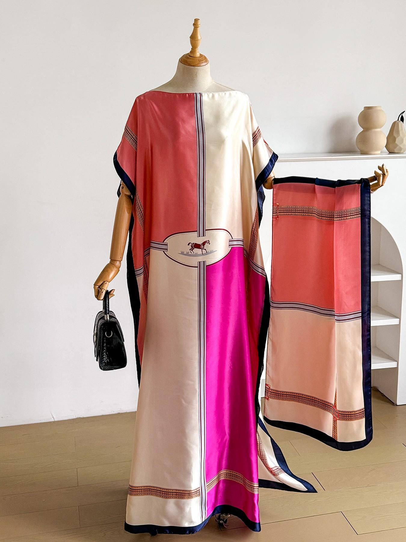 Women's Luxury Equestrian Style Silk Robe Set, Long Cape Dress + Scarf Headband, Beach Outdoor Sun Protection, All Seasons Chic Fashion