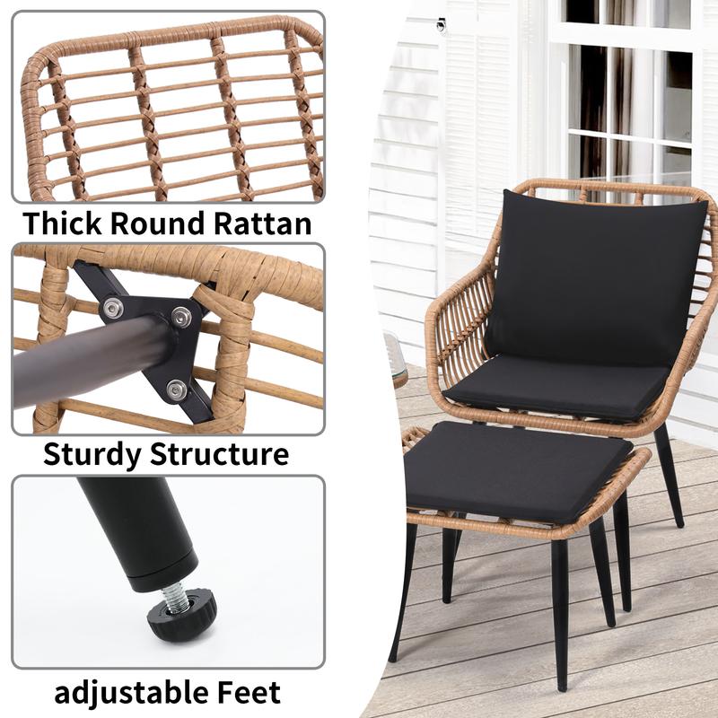 5 Piece Wicker Bistro Patio Conversation Furniture Set, Includes 2 Chairs, 2 Ottomans, and Side Table, Ideal for Porch, Balcony, Deck, Backyard, Natural
