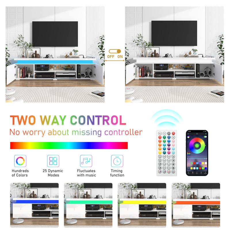 LED TV Stand for 75/85/95 Inch TV,66/73/83 Inch Modern Gaming TV Stand with Power Outlet, High Gloss TV Console Entertainment Center with Storage for Living Room, Bedroom Table Furniture
