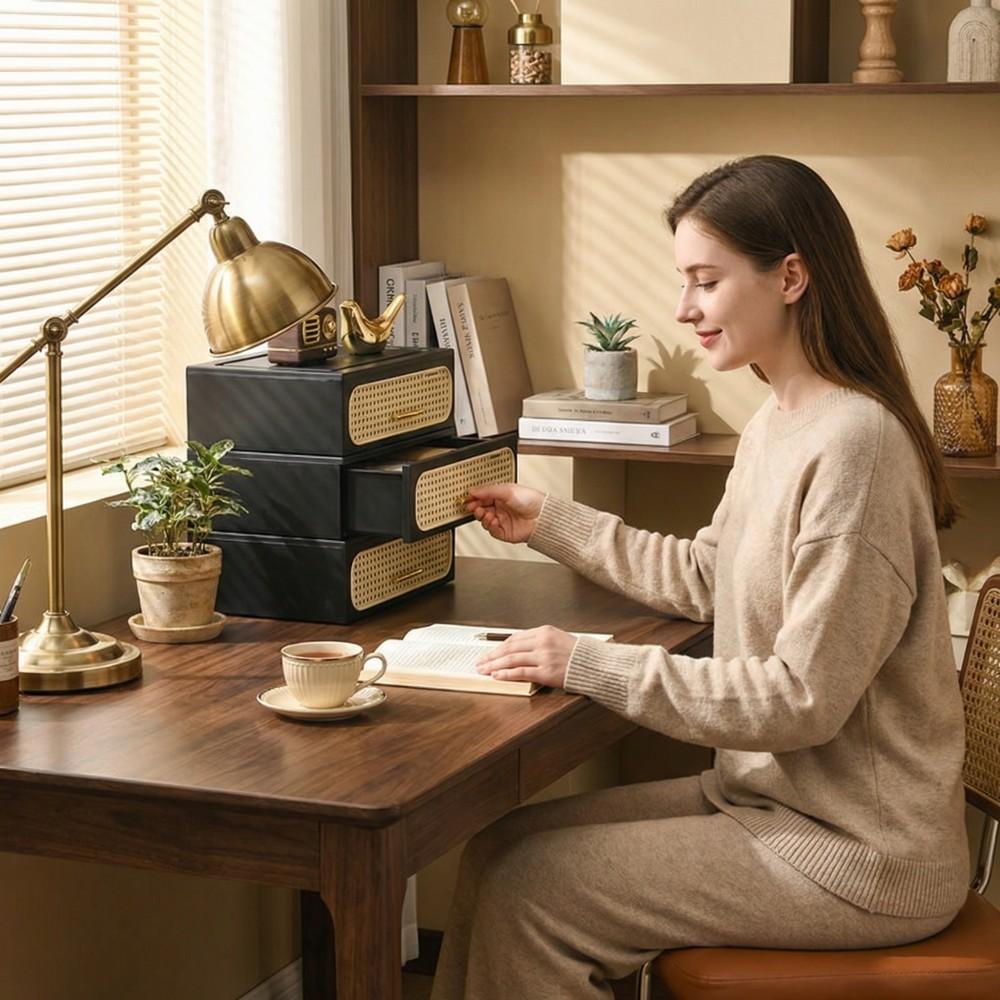 Retro Woven Imitation Rattan Stacking Storage Box for Space Organization, Multipurpose Storage, Versatile for Miscellaneous Items, Clothing and Daily Supplies