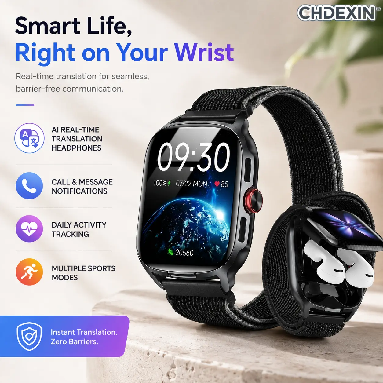CHDEXIN| 2-in-1 Smartwatch with Built-in TWS Wireless Earbuds, HD Curved Touchscreen Fitness Tracker Watch for Men & Women