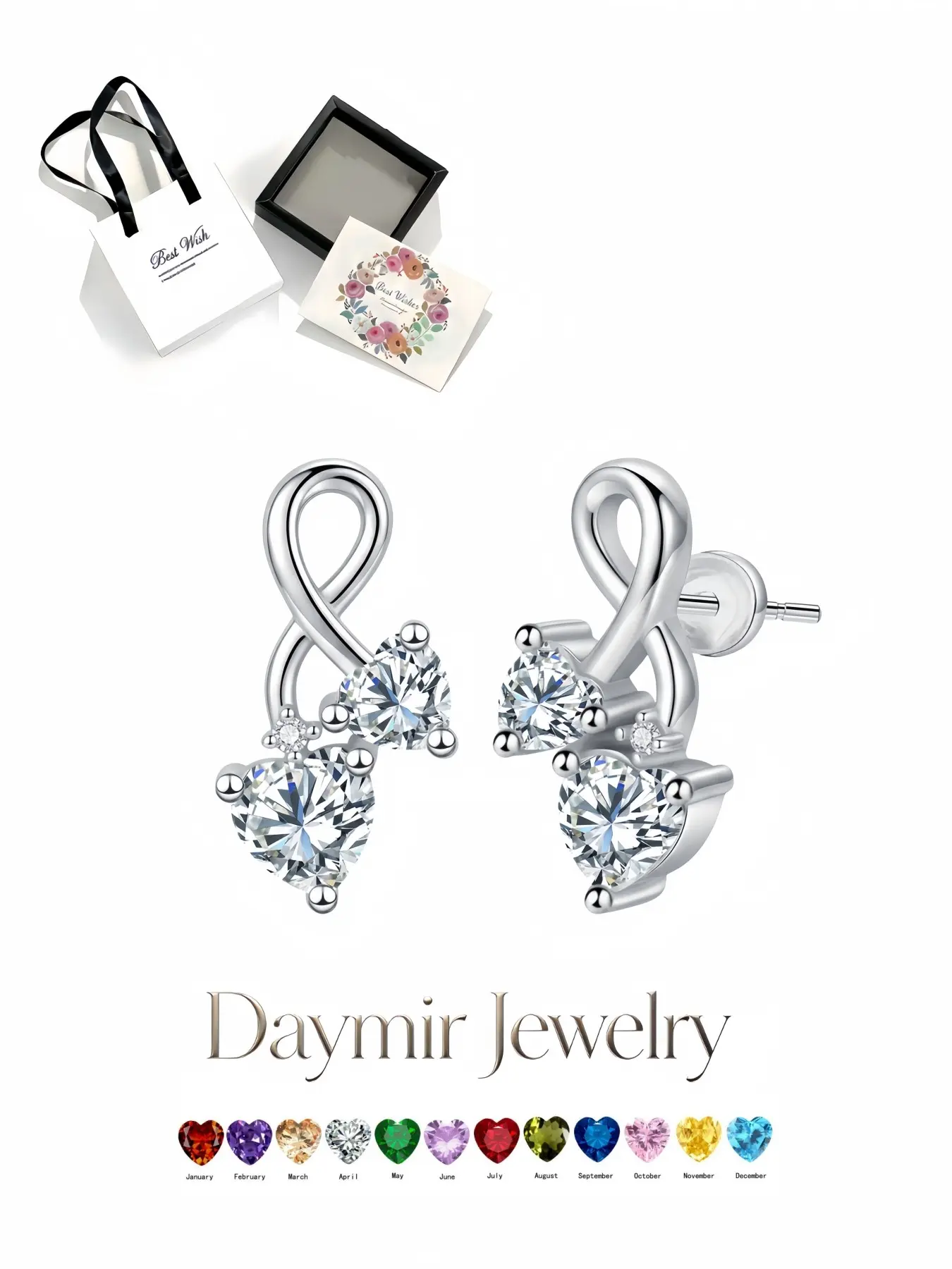 Dainty heart‑shaped twelve‑birthstone stud earrings with trendy dopamine‑style touches for women. Packaged in an elegant pull‑out jewelry box, great for birthdays, Mother’s Day, Valentine’s Day, Christmas and anniversaries.