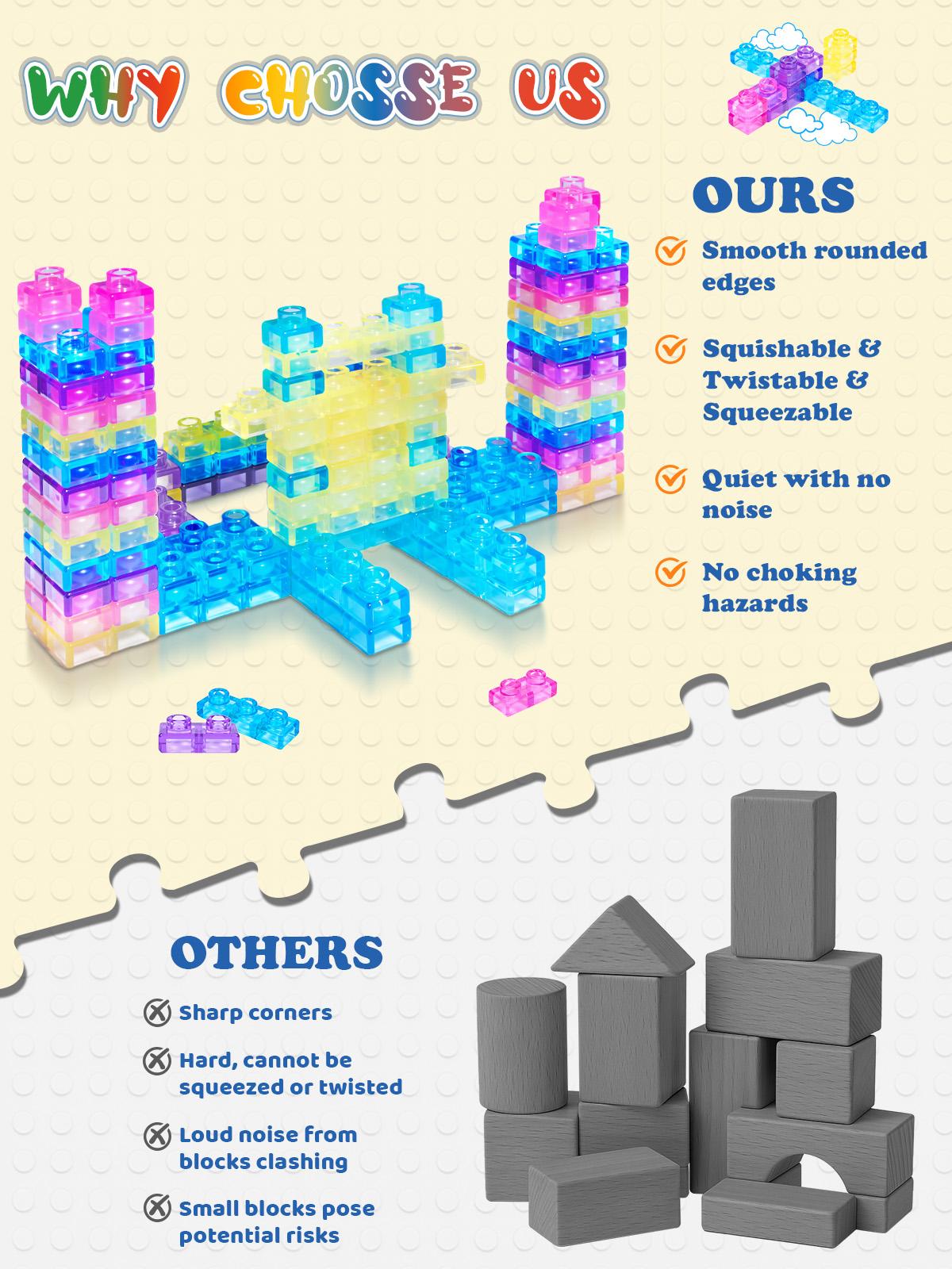 JOYSPOT Soft Jelly Blocks , 40Pcs Squishy Multi-color Stacking Jelly Building Blocks Toy Set, Non-toxic Sensory Tactile Play Toy Safe Squishy Squeezable & Stretchable Fun, Puzzle Blocks for Kids Early learning Preschool STEM Creative Construction Age 2+