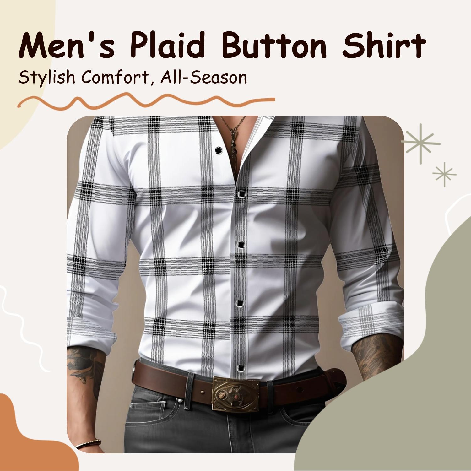 Men's Plaid Checkered Print Checked Button Closure Shirt, Casual Button Down, Regular Fit Fitted Casual Long Sleeve Collared Top for All Seasons, Men's Clothes for Daily Wear