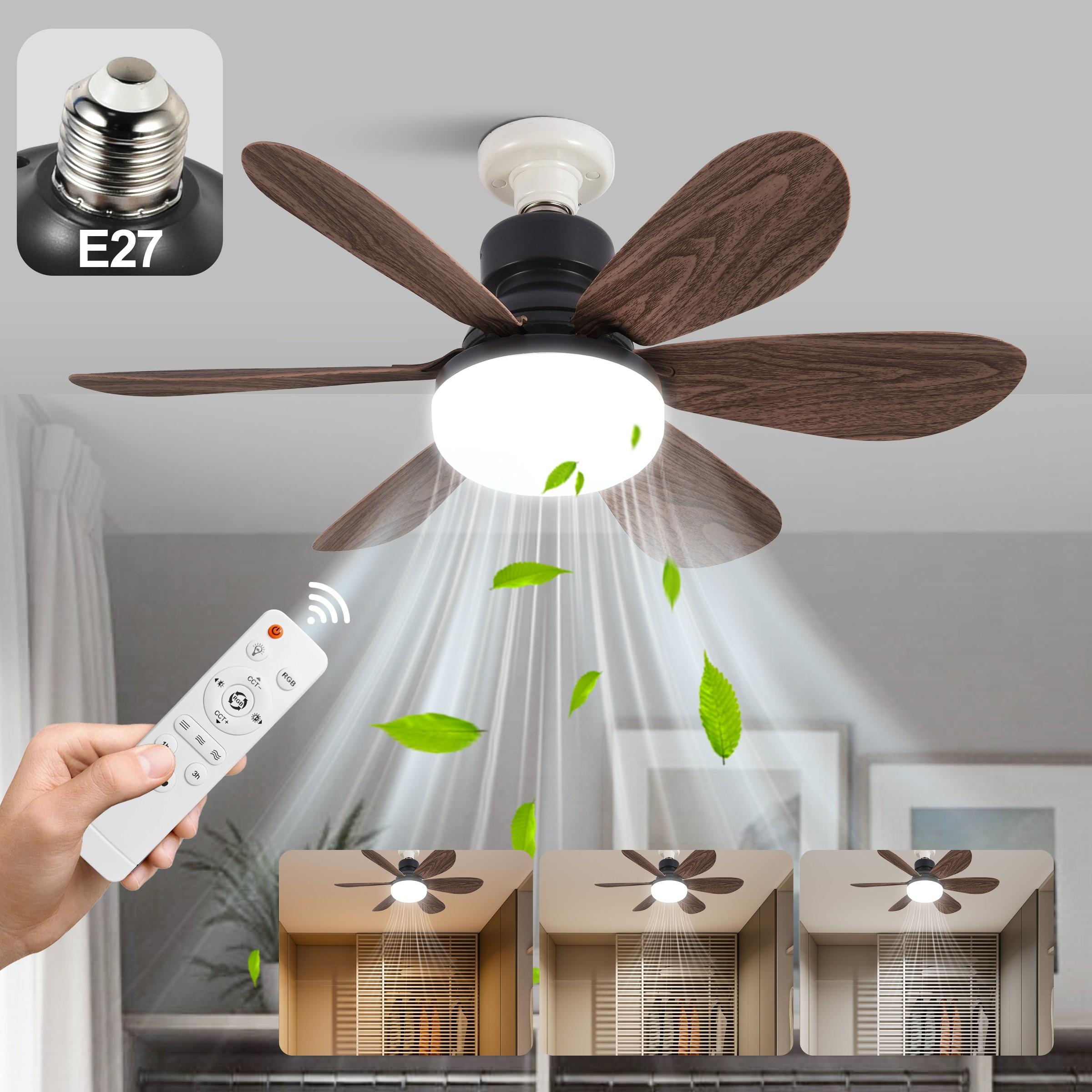 20.5 Inch Dimmable Fan Light Socket, E27 Screw Base, Remote Control Ceiling Fan Lamp Walnut Color, 3 Speeds, 3 Adjustable Colors