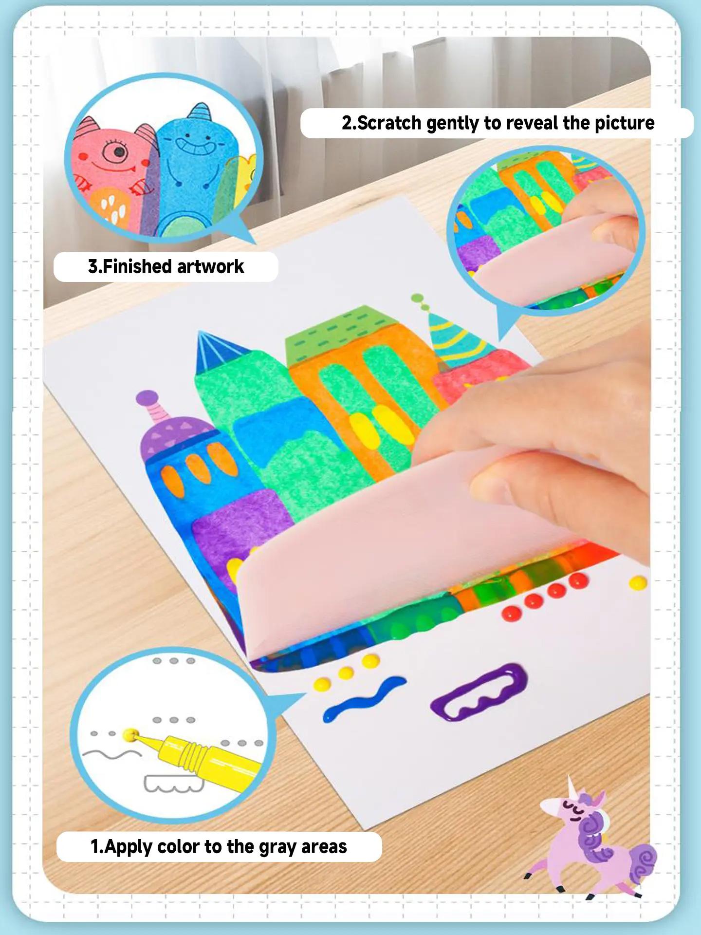 Rainbow Squeeze Art Kit - Creative Scratch & Color Art Set for Kids with 20 Drawing Papers 7 Acrylic Paints 6 Watercolor Pens 1 Sticker Sheet & Squeegee Board Perfect for DIY Art & Gifts