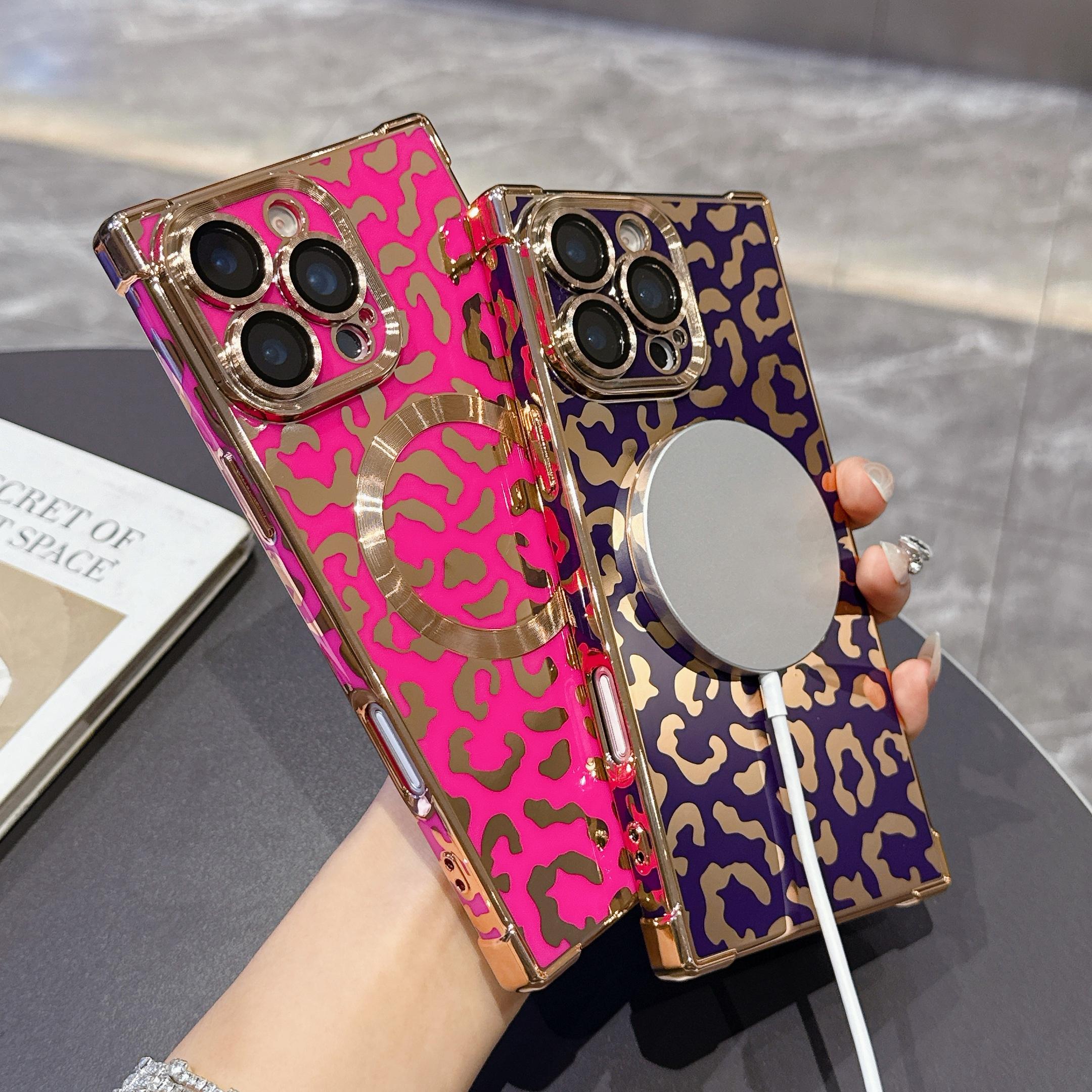 Luxury Leopard Print Shiny Square Edge Phone Case, Cover, Casing, Compatible with iPhone 16 15 14 13 Pro Max, Magnetic Wireless Charging Protection, Accessories