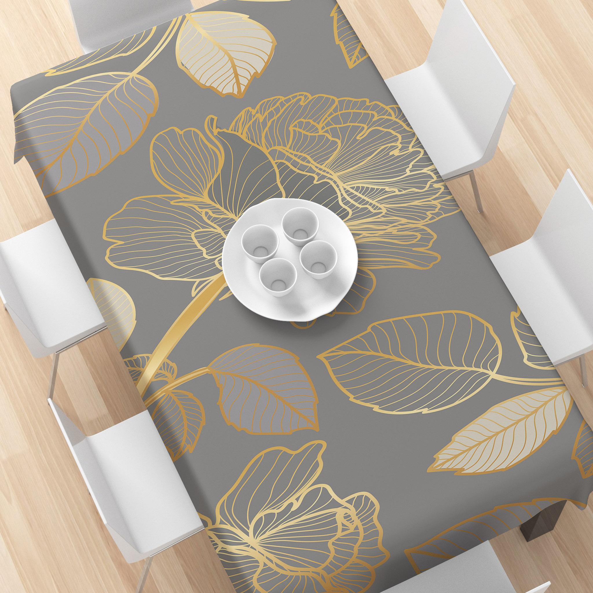 Rectangular Tablecloth, Picnic Table Cover with Luxury Design, Gold Rose and Leaf Pattern, Stylish Decor for Indoor and Outdoor Dining, Perfect for Festivals, Weddings, Parties, and Picnics