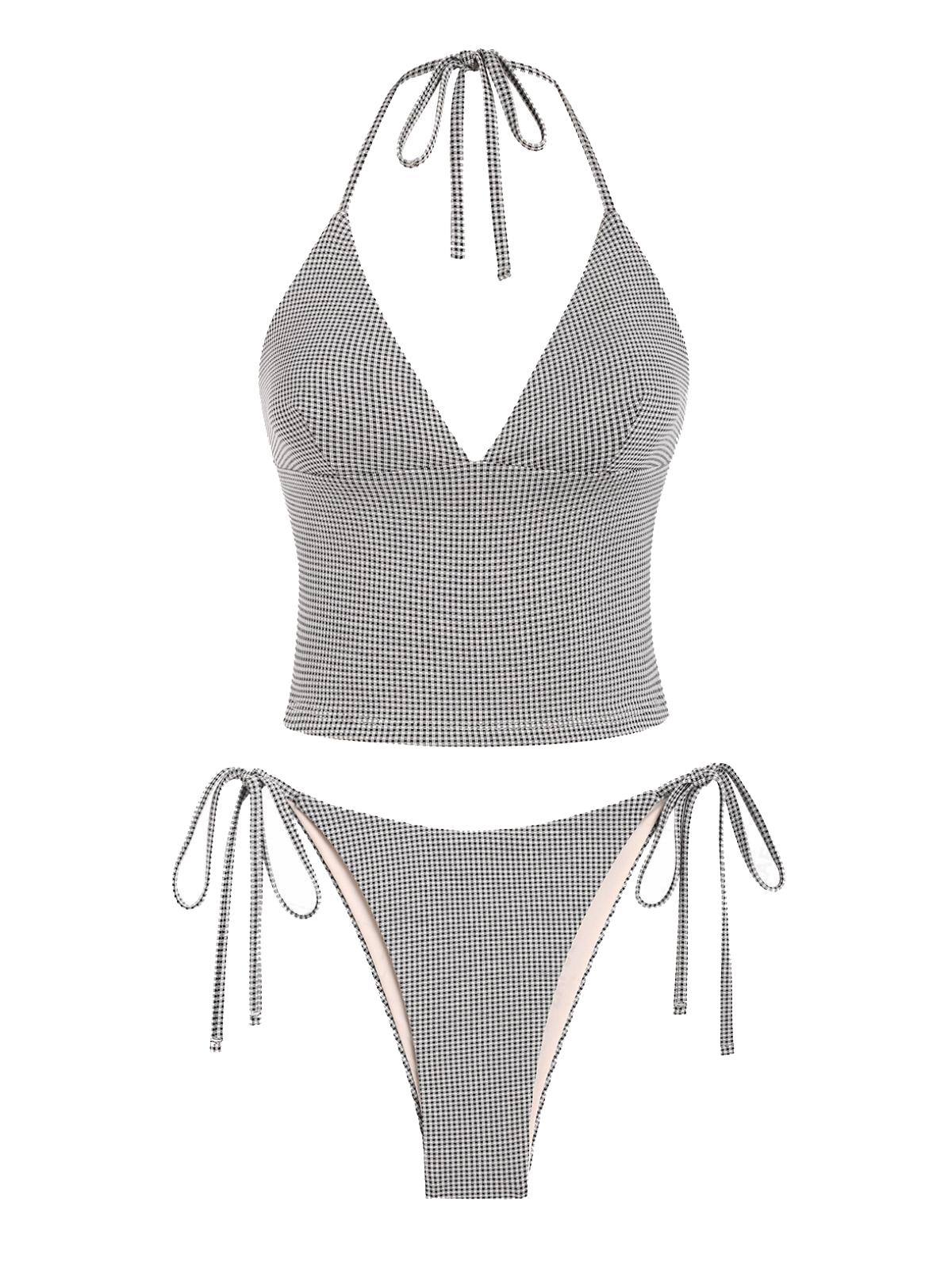 Women's Summer Beach Floral Leaves Halter Tied Tank Style Full Coverage Bikini Tankini Set Two Piece Bathing Suits Halter Bikini Sets