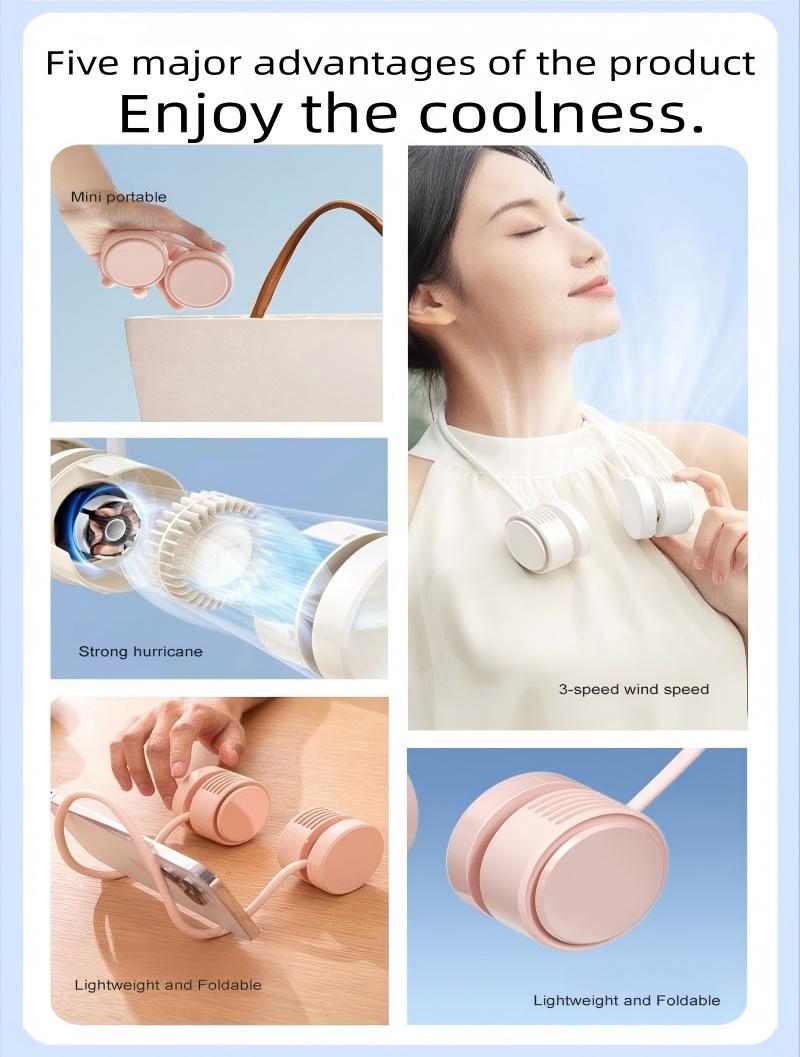 Foldable Neck Fan USB Rechargeable Portable Turbine Leafless Safety Quiet Mini Fan, Home Personal Outdoor Sports Fan