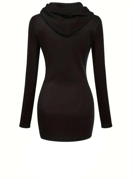 Women's Solid Drawstring Hooded Sweatshirt Dress, Casual Long Sleeve Pocket Dress for Fall & Winter, Ladies Clothes for Daily Wear, Womenswear