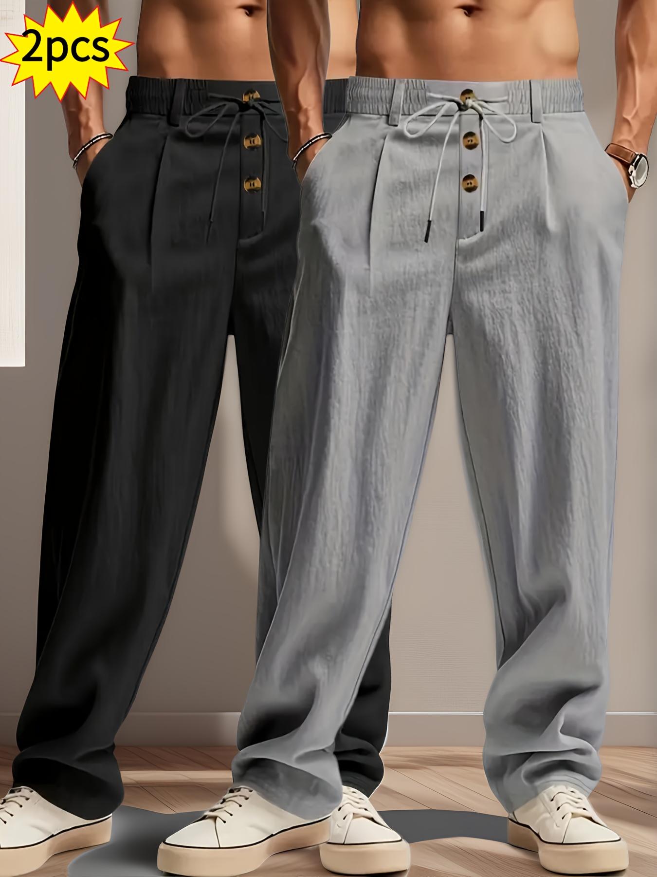 2 pieces men's plain-colored linen casual straight-leg pants, Casual Comfy Fashion, for spring, summer and autumn, with drawstring and faux buttons design, lightweight breathable, suitable for daily commuting, outdoor travel, fitness