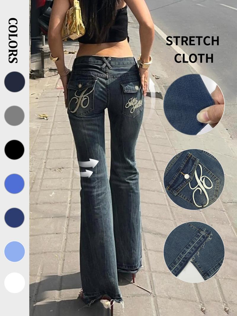 Women's Embroidered Button Pocket Flare Pants, Elegant Daily Wear, Fashionable All-Season Bottoms, Slim-Fitting Y2K Style