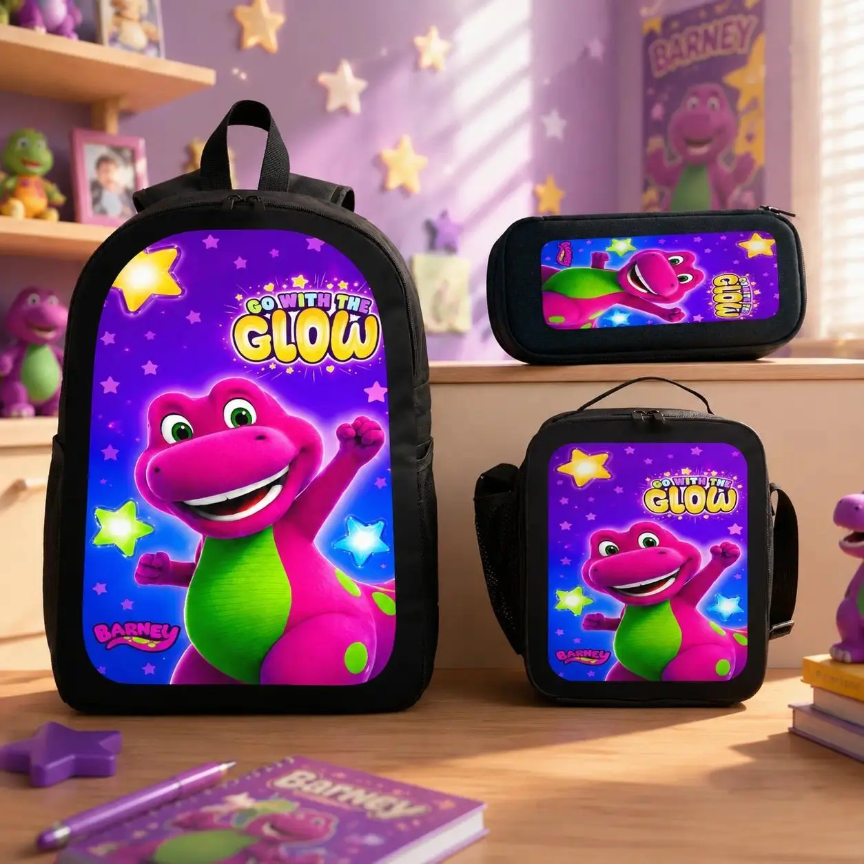 Barney&Friends Cartoon Backpack Set 3 Piece School Bag Set Includes Backpack Lunch Bag Pencil Case Kids Teen Backpack Lightweight Large Capacity Durable Unisex Travel Backpack Back To School Gift School Cartoon School Bag