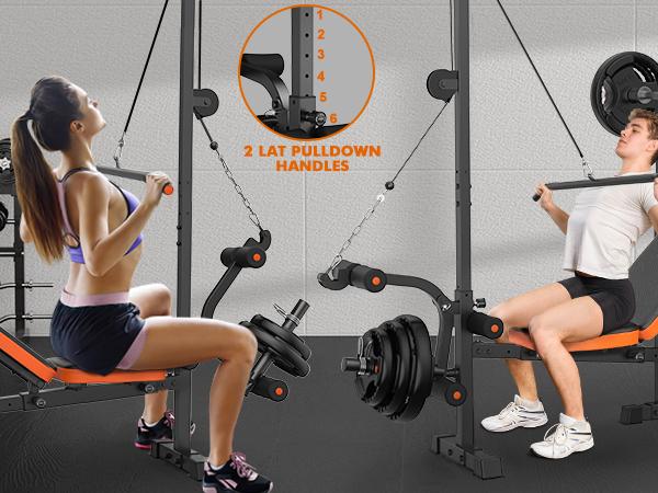 Bearbro Bench Press Set, 880LBS Adjustable Weight Bench with Leg Extension and Preacher Curl Pad, 8 IN 1 Multi-Function Gym Bench with LAT Pulldown Pulley System, Full-Body Workout Home Gym Equipment Squat Rack