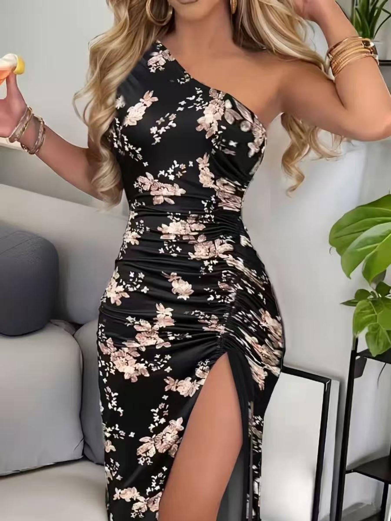 Sexy Chic Floral Print Drawstring Dress, High Slit Bodycon Asymmetrical Neckline, Sleeveless Long Dress for Women, Elegant Evening Wear, Bodycon Party Gown, Evening Glam Gown