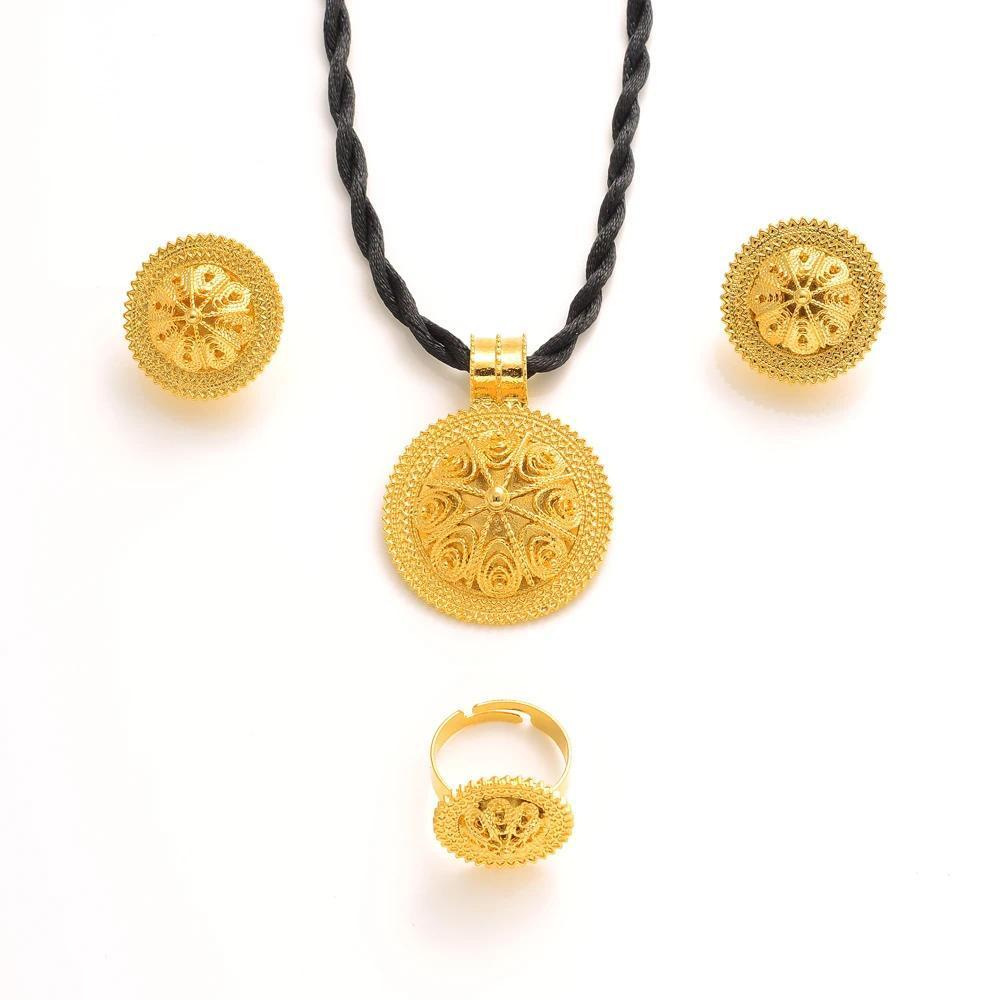 24K Gold Plated Fashion Ethiopian Earrings/Pendant/Ring Jewelry Sets Gold Plate Africa Bride Wedding Eritrea Set Gift