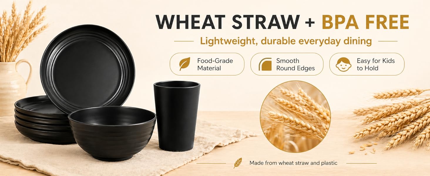 32-Piece Kitchen Plastic Wheat Straw Dinnerware Set, Service for 8, Unbreakable Modern Dish Set - Dinner Plate/Dessert Plate/Cereal Bowl/Cup, for Apartment Essentials, Outdoor Camping, Black