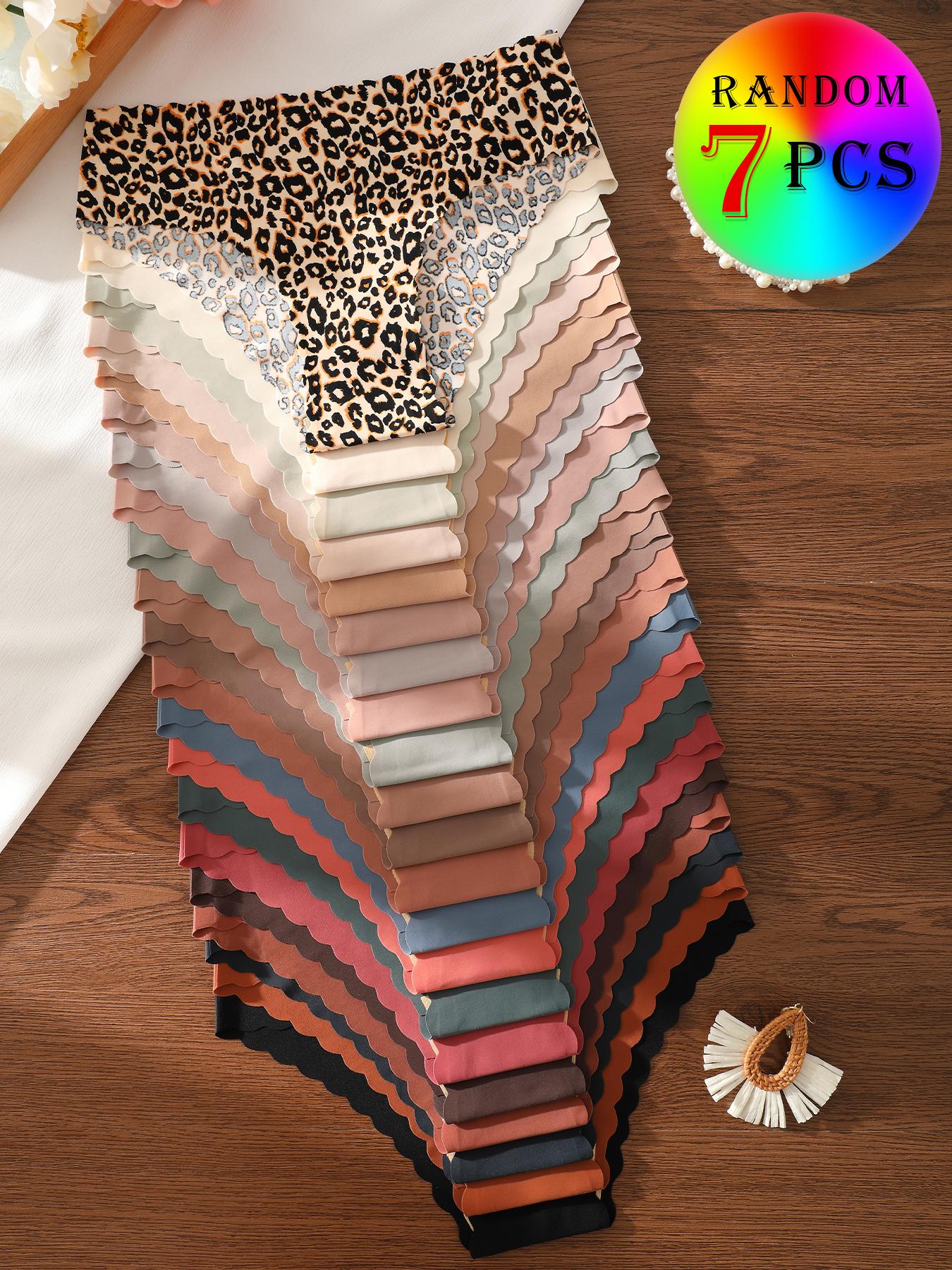 7-piece set of randomly colored wave-edged seamless one-piece triangle panties, Seamless Crotch Design, leopard print and solid color mix, sexy, comfortable, stretchy, and smooth women's underwear