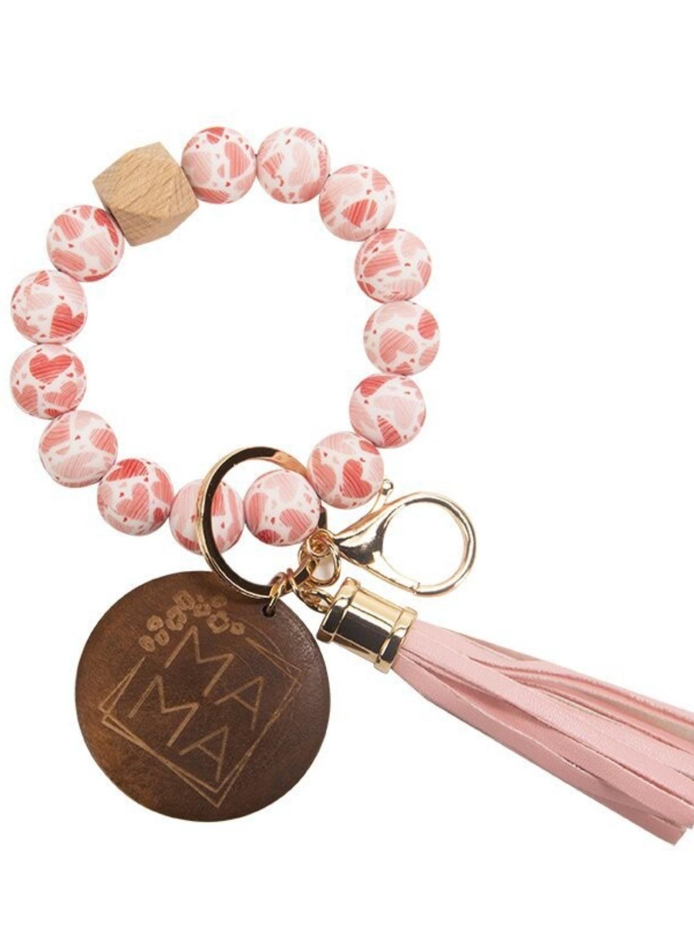 Mother's Day Gift Mama Silicone Bead Wood Slice Fringe Beaded Keychain, Handmade Silicone Bead Bracelet, Elastic Rope Fringe Keychain Bracelet