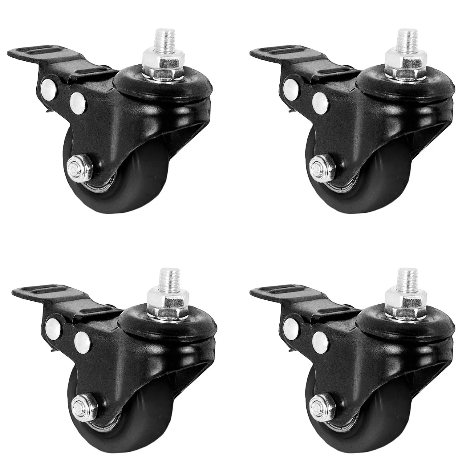 M8 Threaded Locking Caster Wheels Set of 4 Swivel Rubber Base with Brake 1.5 inch Replacement Wheels for Standing Desk Frames TV Stands Carts and More