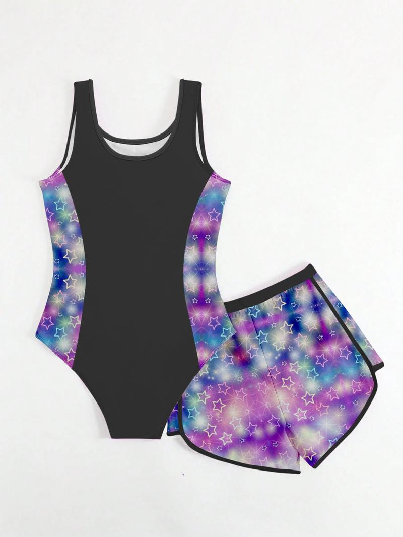 K-Pop Hunter Girl Swimsuit Set, Starry Gradient Two-Piece, Shiny Sweet Cool Separated Swimwear for Women, Tankini With Shorts