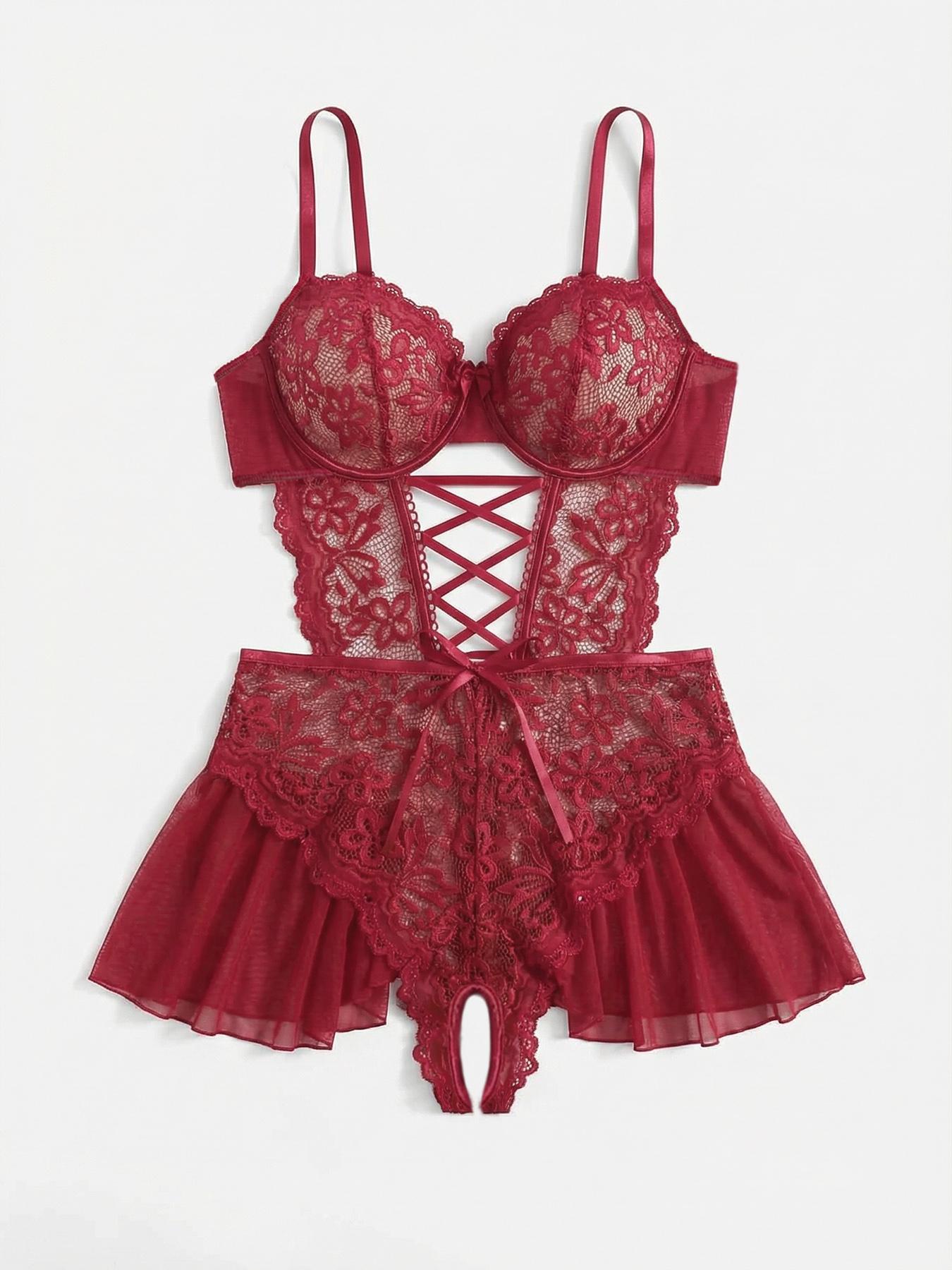Women's Elegant Burgundy Floral Lace Romper, Cross Back Mesh Pajama, Slim-Fit Sleepwear for All Seasons, Daily Home Wear, Lingerie Lace Nightwear